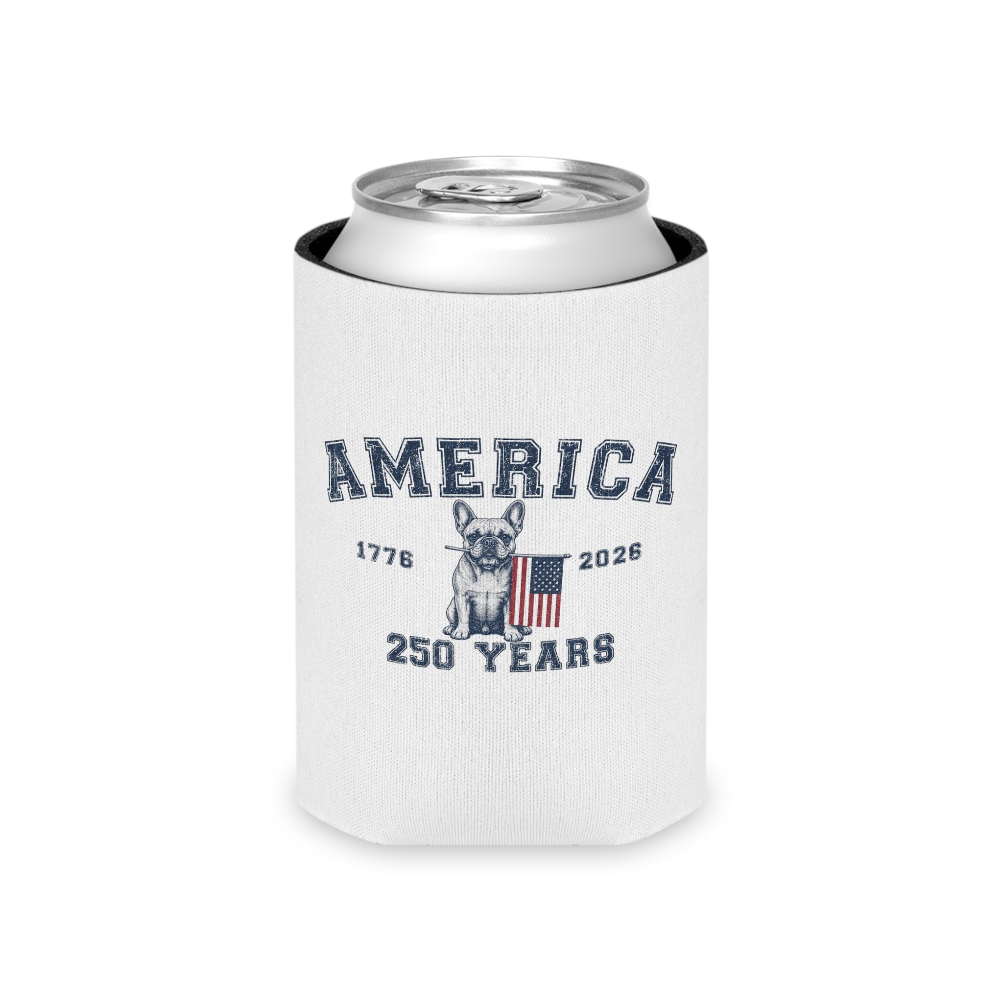 America 250 Years Bulldog Can Cooler | Patriotic Drink Sleeve for BBQs, Brews & Bulldog Dads (French)