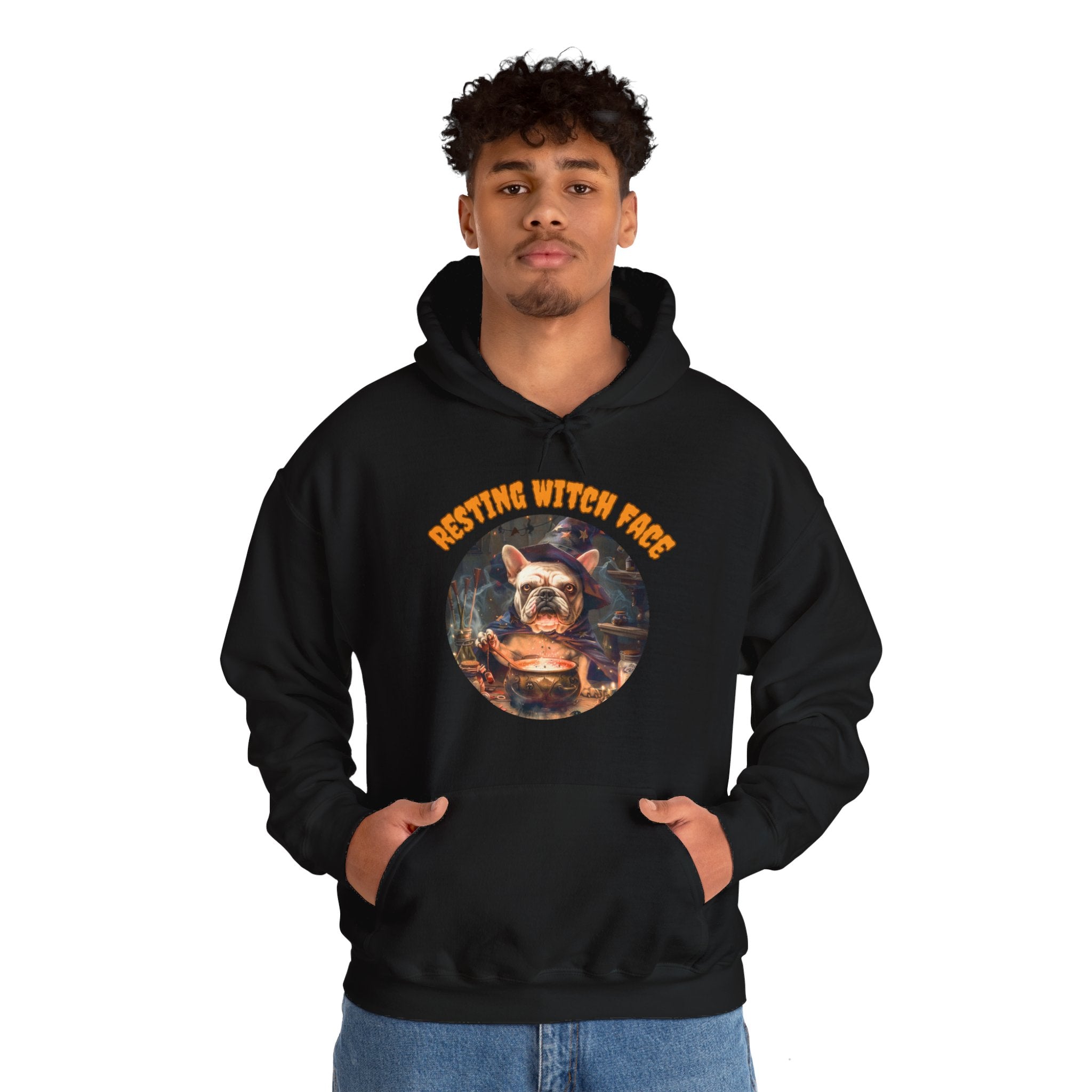 "Resting Witch Face" Halloween Bulldog Hoodie (White/French)