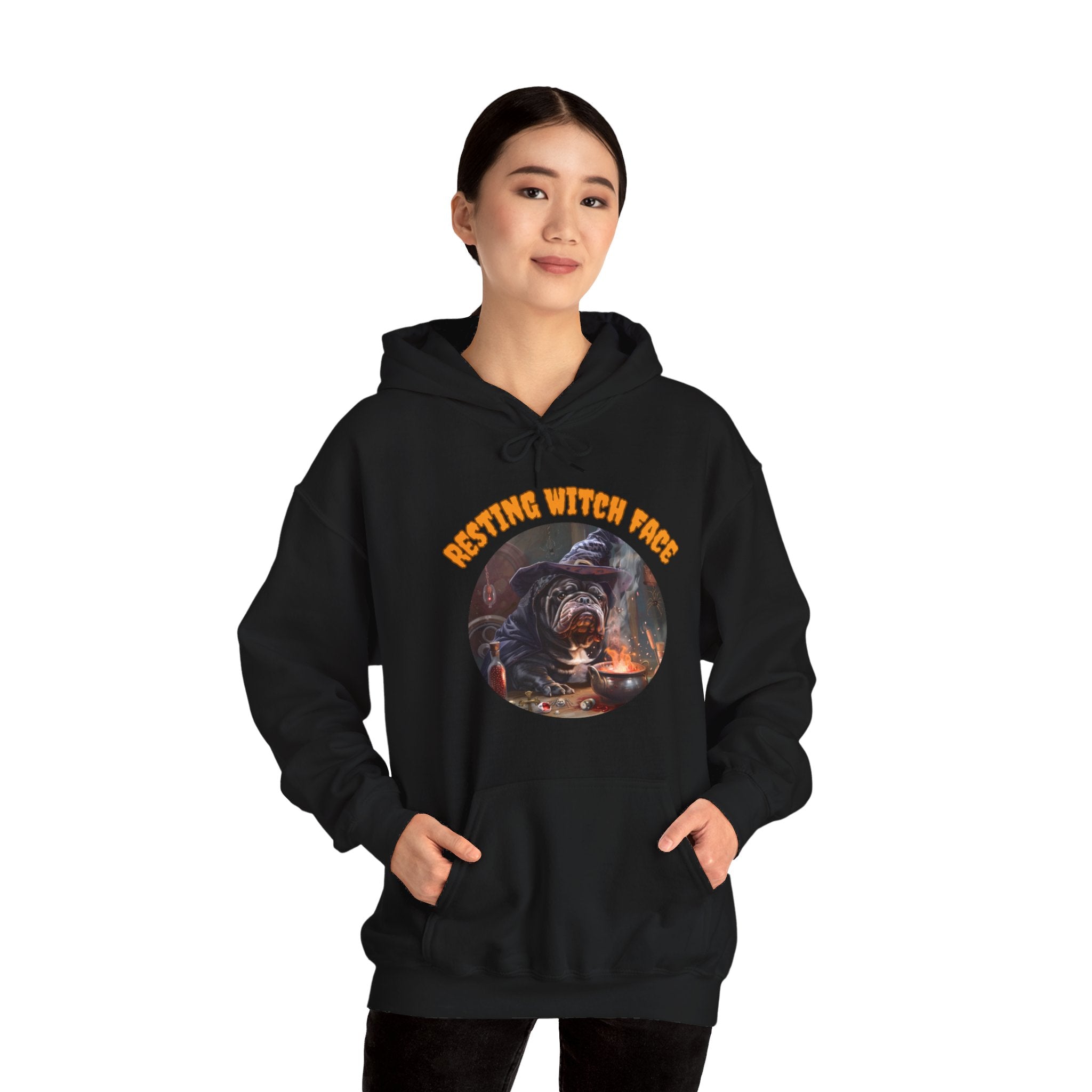 "Resting Witch Face" Halloween Bulldog Hoodie (Black/English)