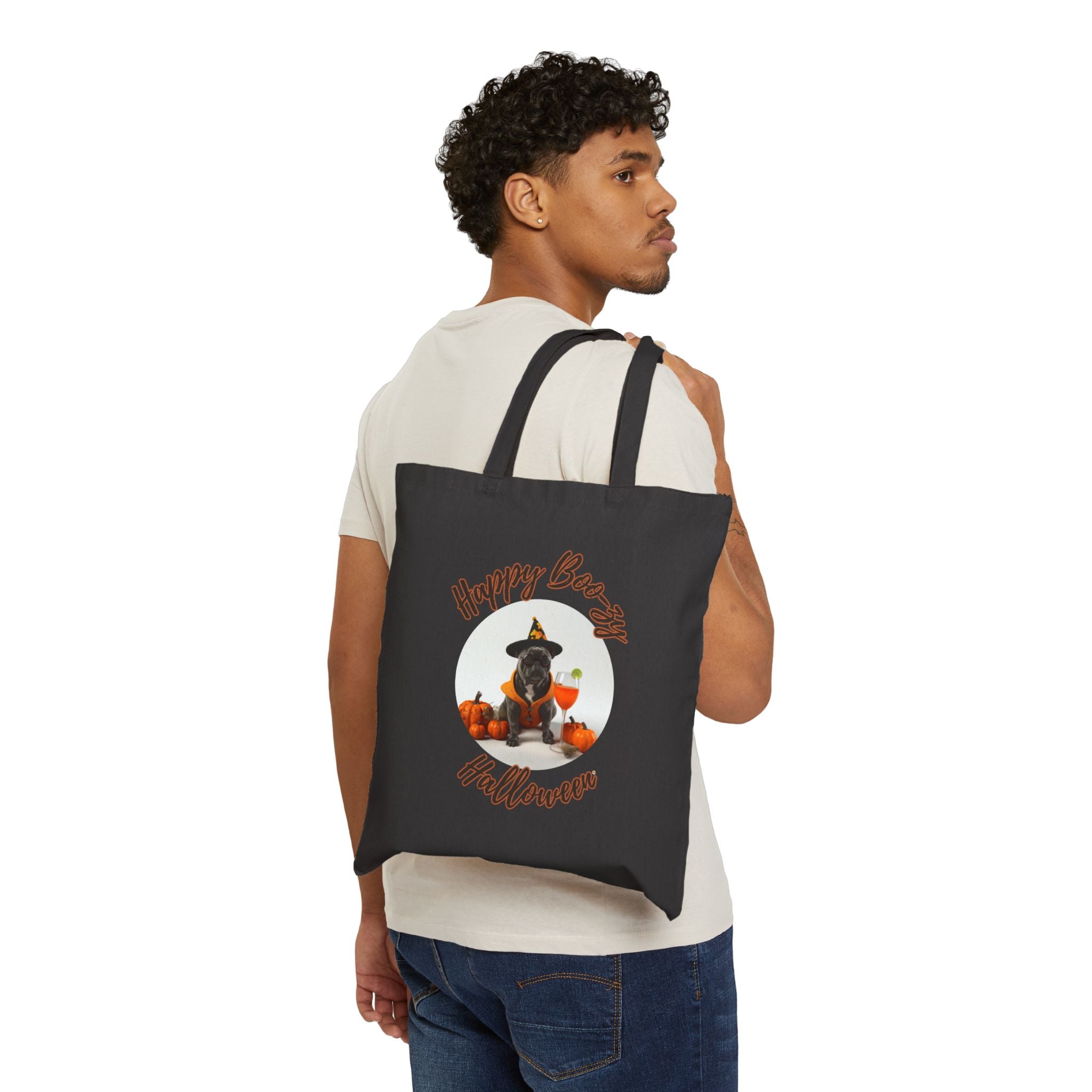 "Happy Boo-zy Halloween" Trick or Treat Canvas Tote Bag (Black/French)
