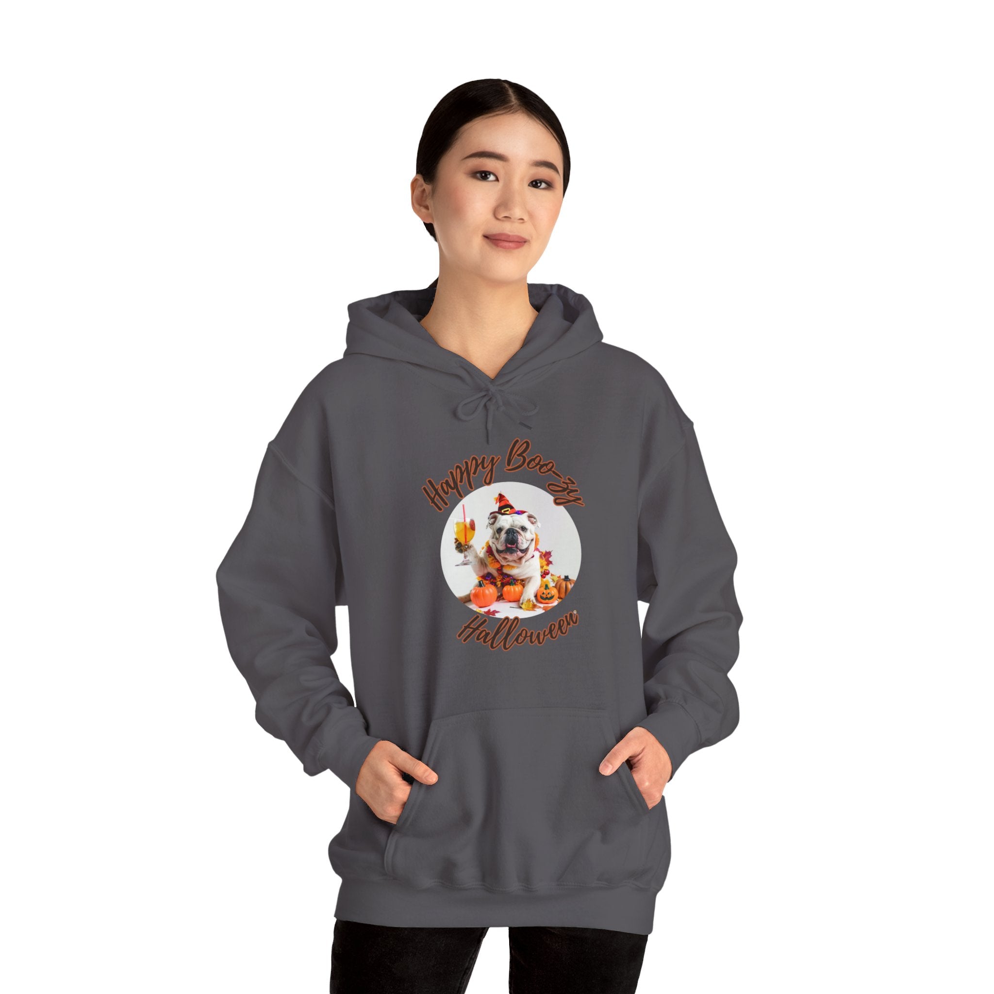 "Happy Boo-zy Halloween" Halloween Bulldog Hoodie (White/English)