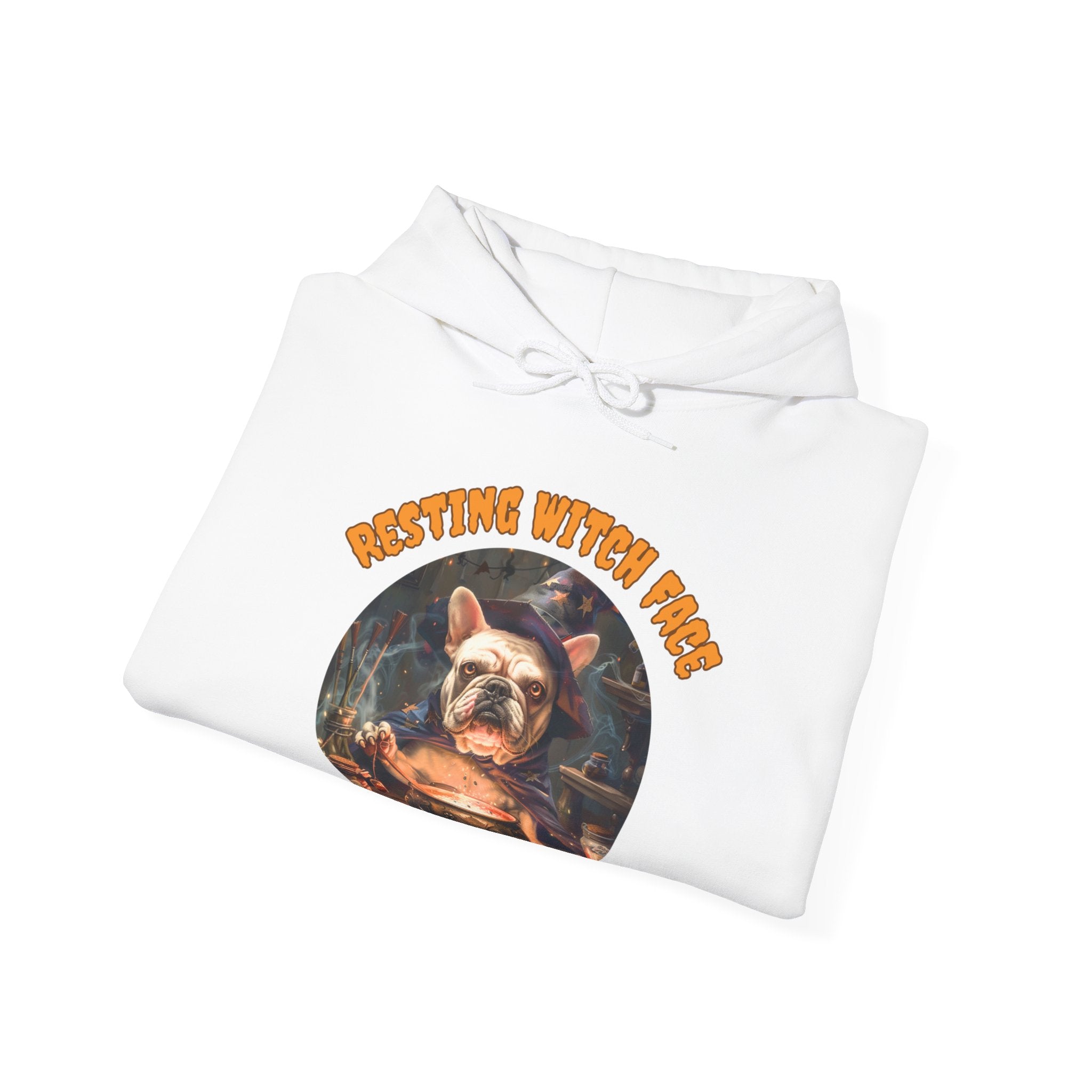 "Resting Witch Face" Halloween Bulldog Hoodie (White/French)