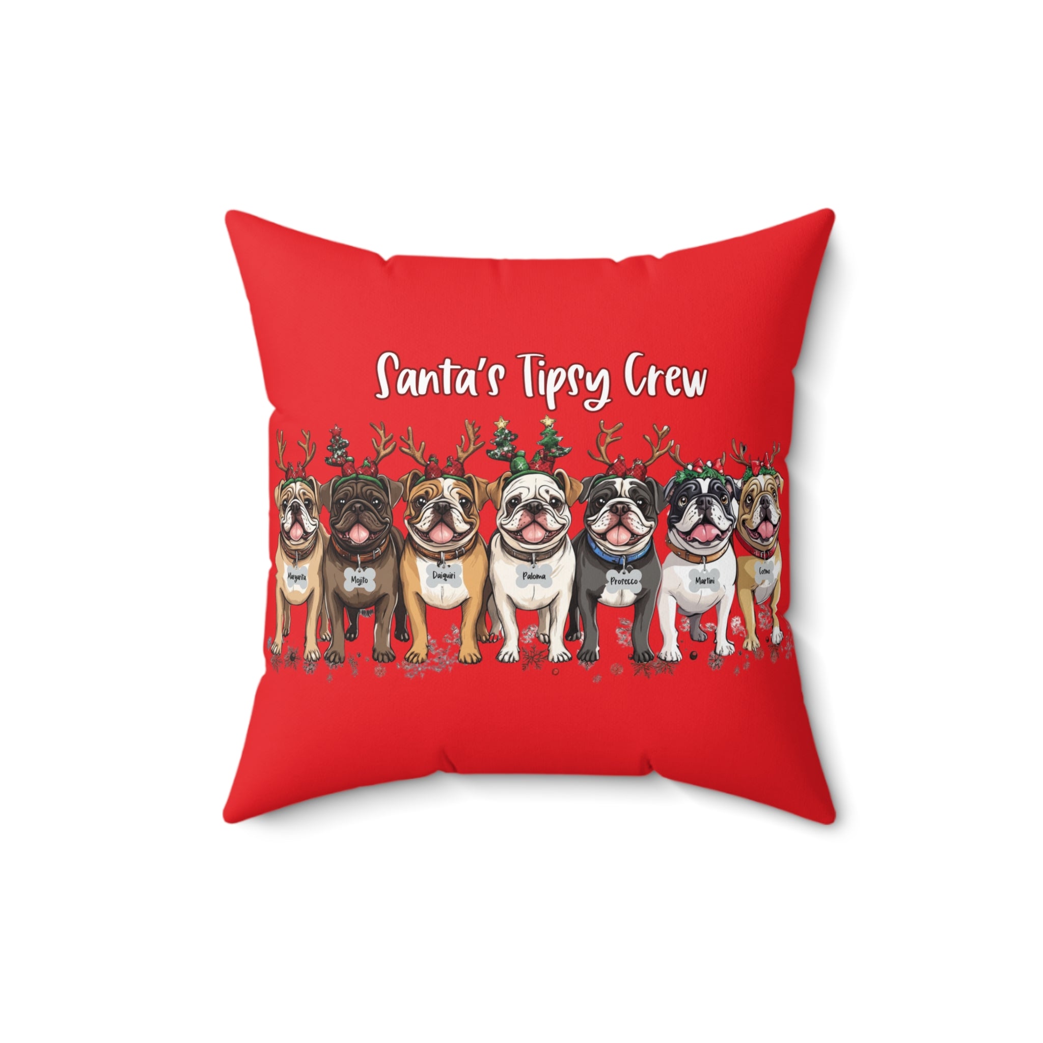 “Santa’s Tipsy Crew” Christmas pillow (red/English)