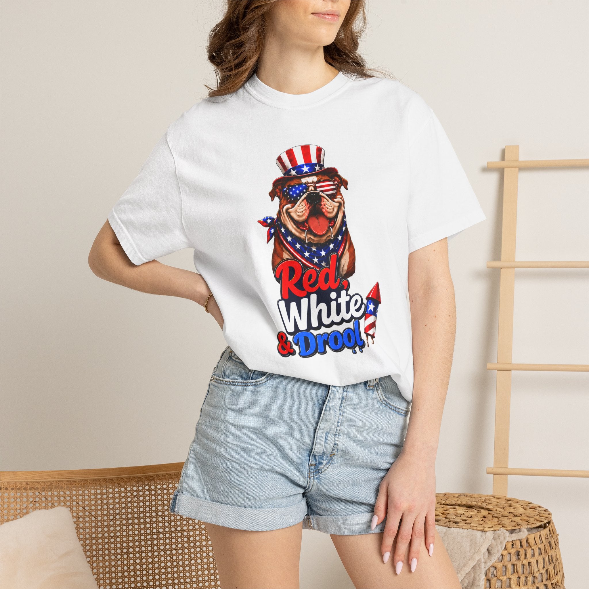 Red, White & Drool Bulldog T-Shirt | Patriotic Garment-Dyed Tee (English)