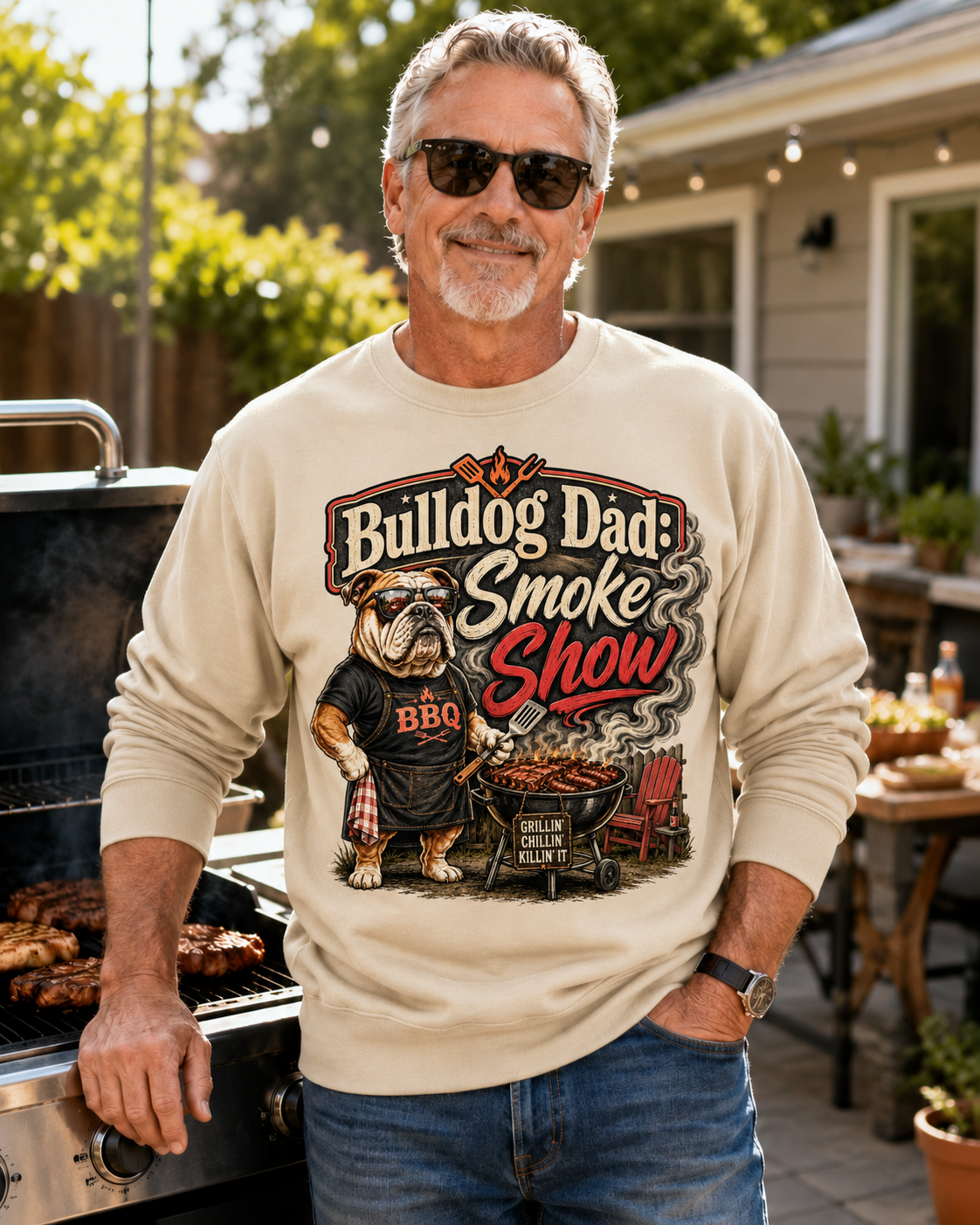 Bulldog Dad Sweatshirt - "Bulldog Dad: Smoke Show" Cozy Crewneck (English)