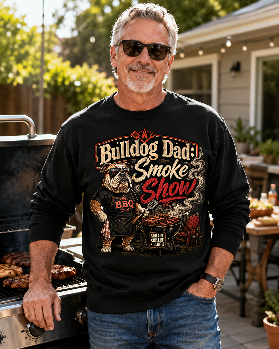 Bulldog Dad Sweatshirt - "Bulldog Dad: Smoke Show" Cozy Crewneck (English)