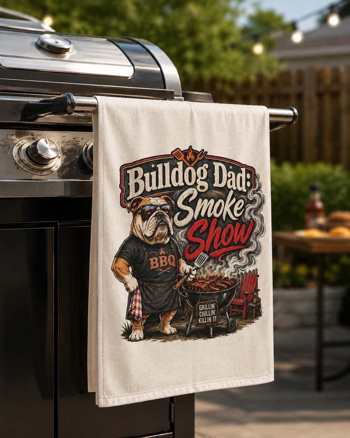 Bulldog Dad BBQ Tea Towel — "Smoke Show" Cotton Kitchen Towel (English)