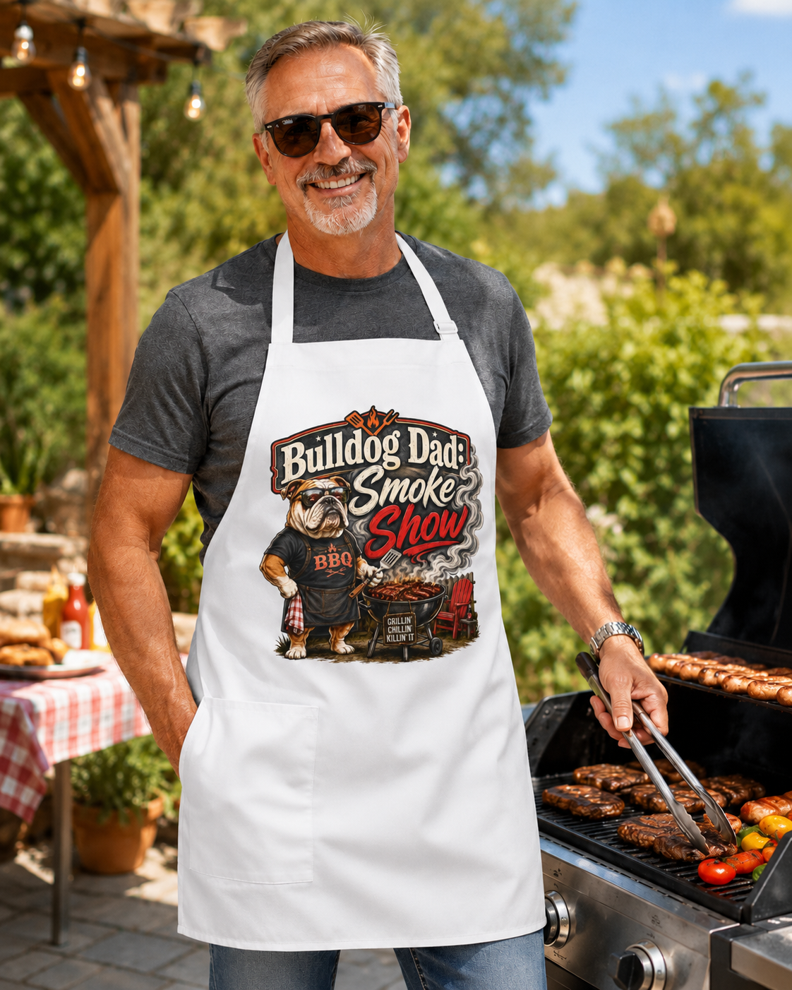 Bulldog Dad BBQ Apron – "Smoke Show" Grilling Gift for Fathers (English)