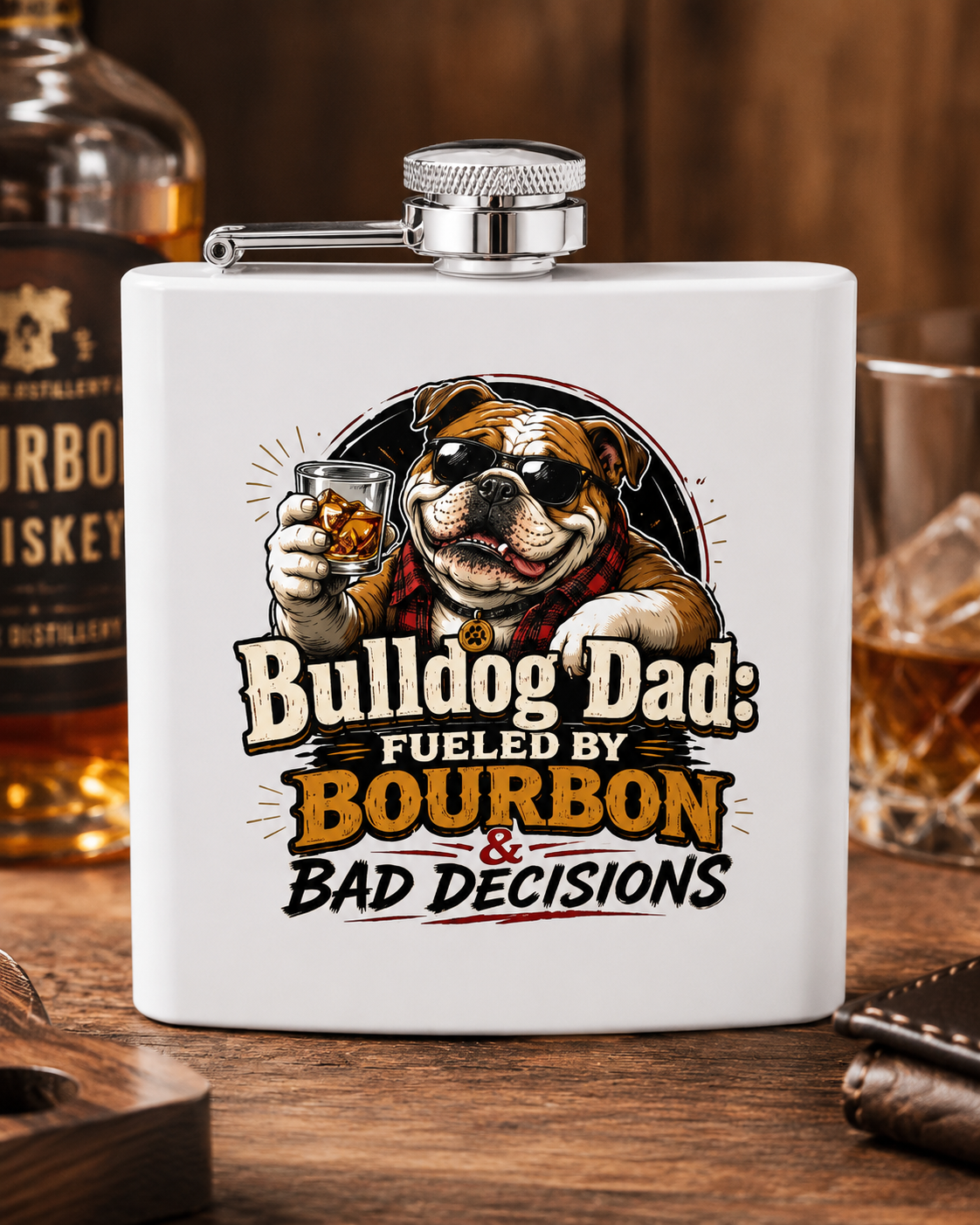 Bulldog Dad 6oz Stainless Steel Flask — "Fueled by Bourbon & Bad Decisions" (English)