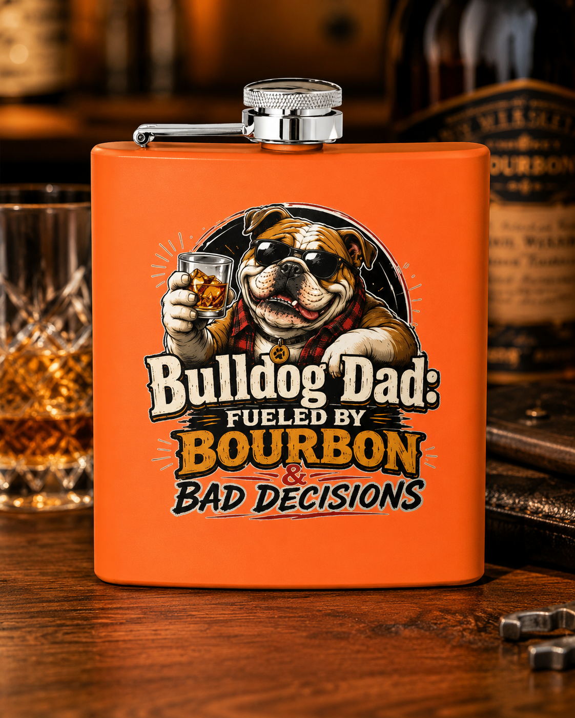 Bulldog Dad 6oz Stainless Steel Flask — "Fueled by Bourbon & Bad Decisions" (English)