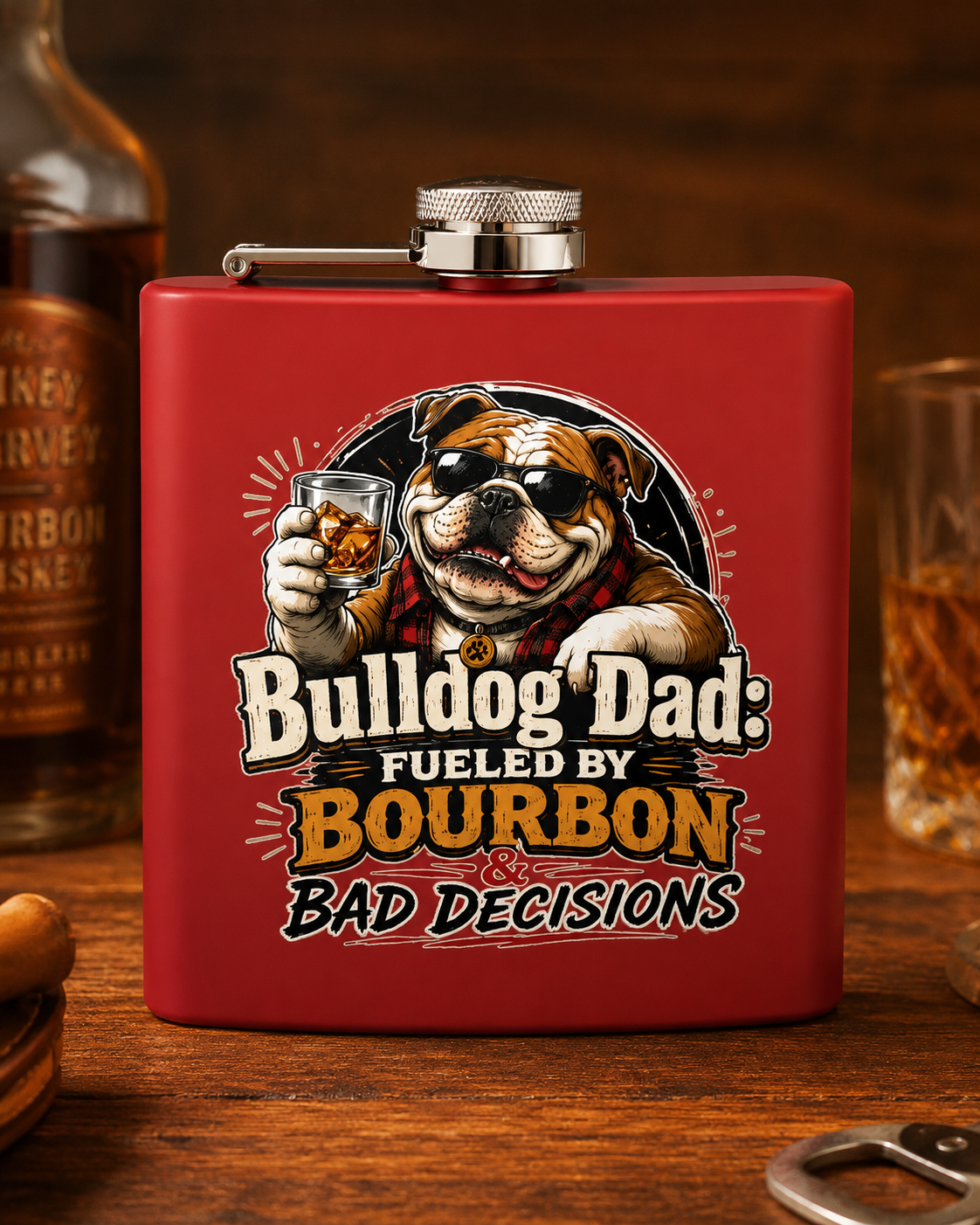 Bulldog Dad 6oz Stainless Steel Flask — "Fueled by Bourbon & Bad Decisions" (English)