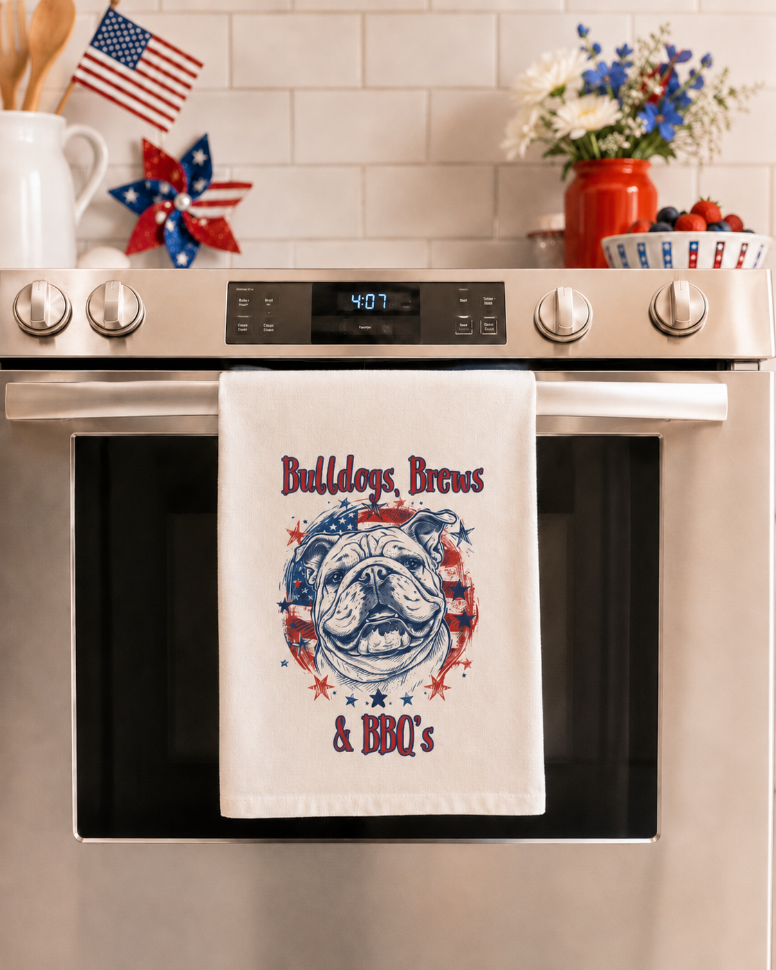 Bulldogs, Brews & BBQs 4th of July Kitchen Towel | Patriotic Bulldog Tea Towel (English)