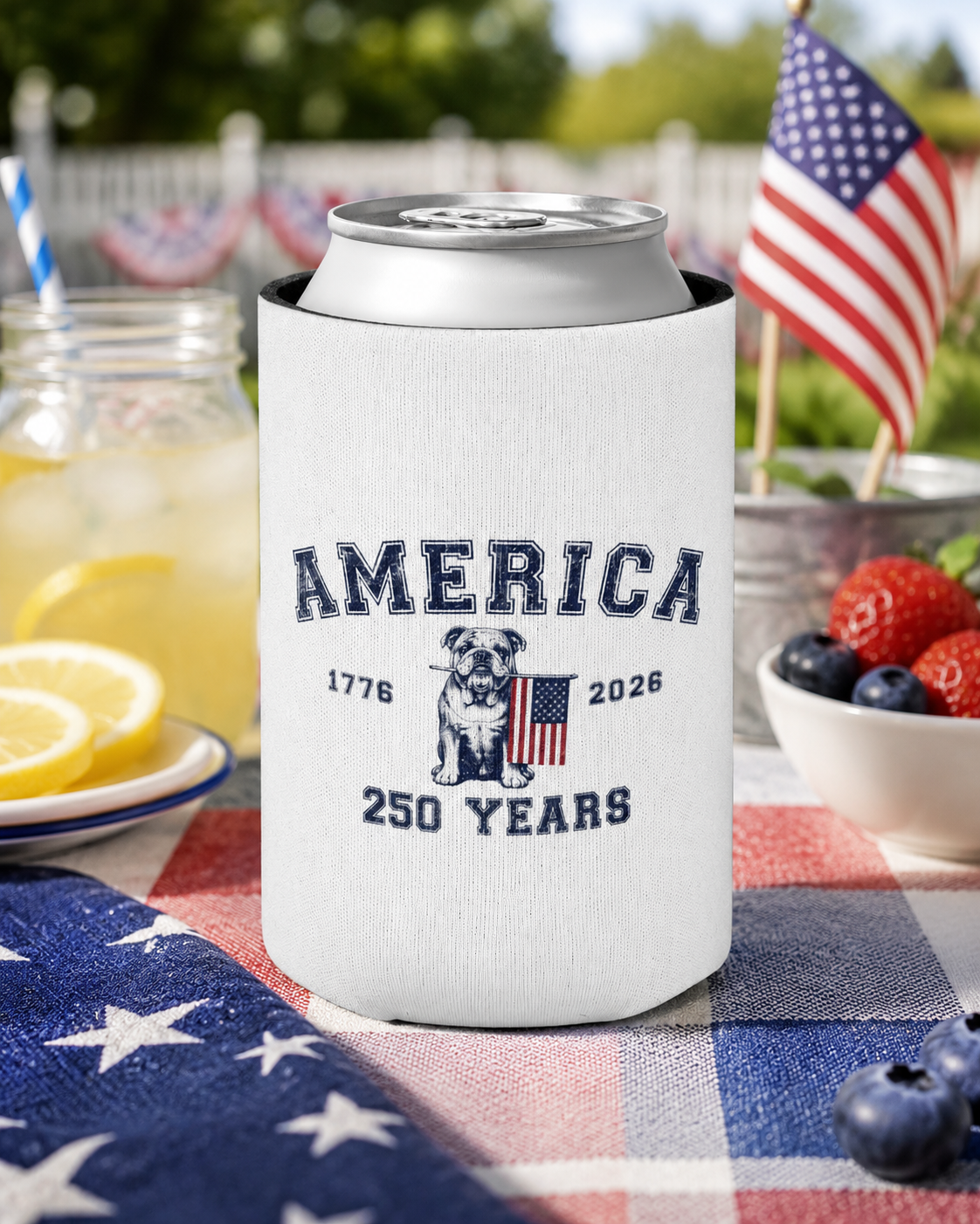America 250 Years Bulldog Can Cooler | Patriotic Drink Sleeve for BBQs, Brews & Bulldog Dads (English)