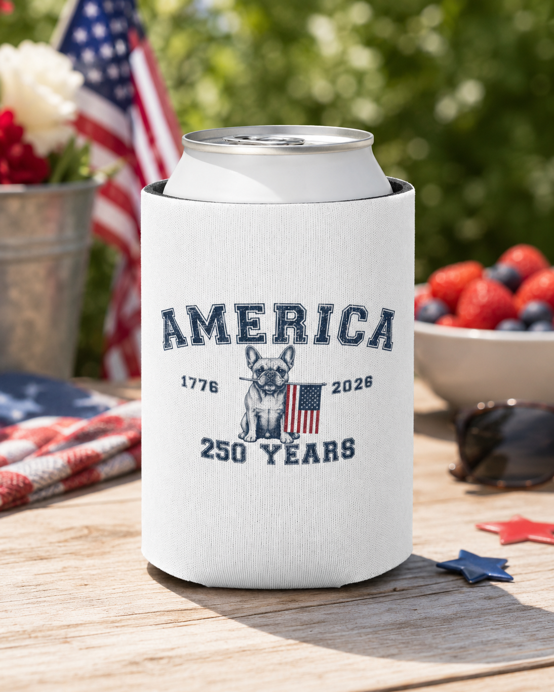 America 250 Years Bulldog Can Cooler | Patriotic Drink Sleeve for BBQs, Brews & Bulldog Dads (French)