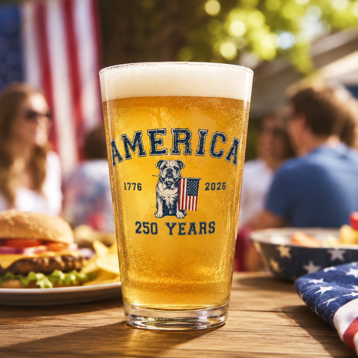 America 250 Years Pint Glass — Patriotic Bulldog & Flag 16oz Beer Glass (English)