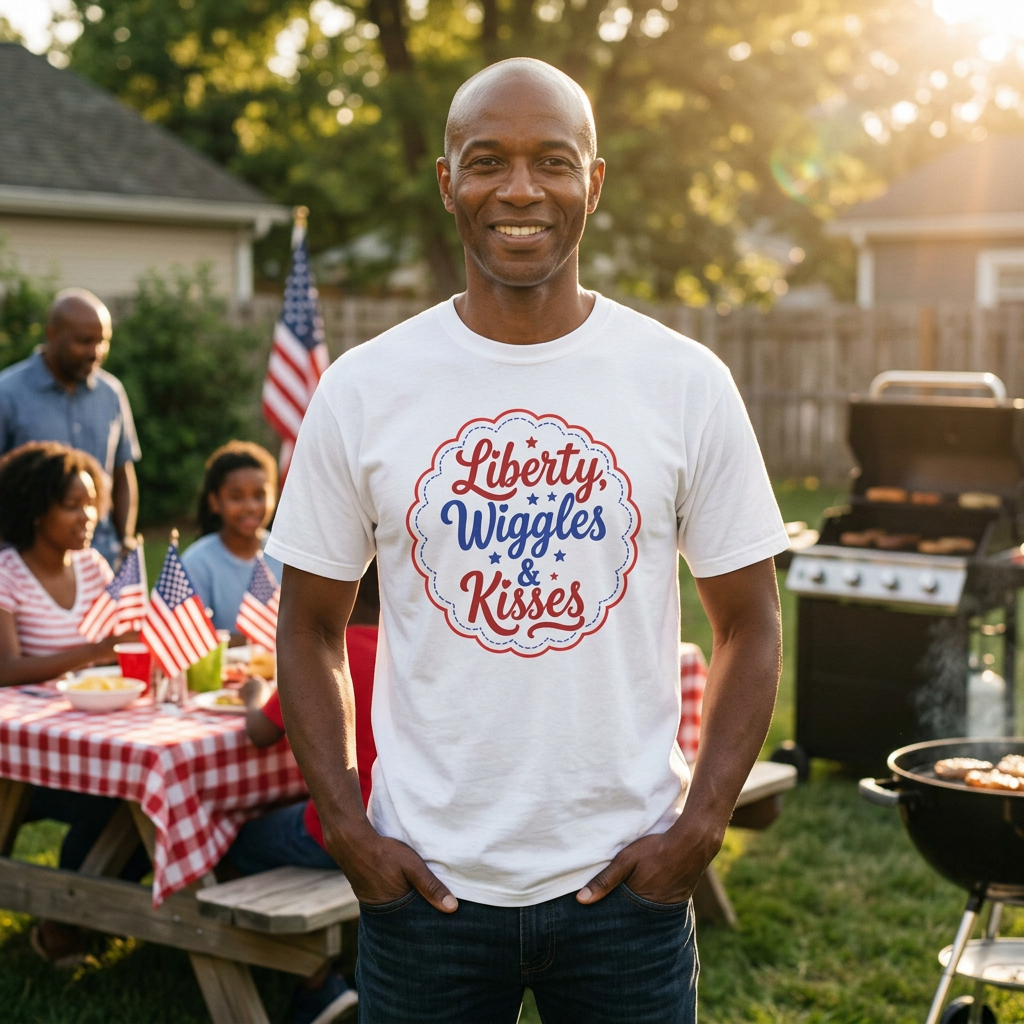 Liberty, Wiggles & Kisses Bulldog T-Shirt | Patriotic Garment-Dyed Tee (English)
