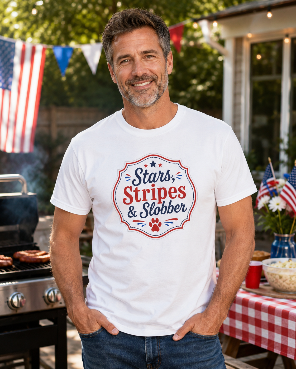 Liberty, Wiggles & Kisses Bulldog T-Shirt | Patriotic Garment-Dyed Tee (French)