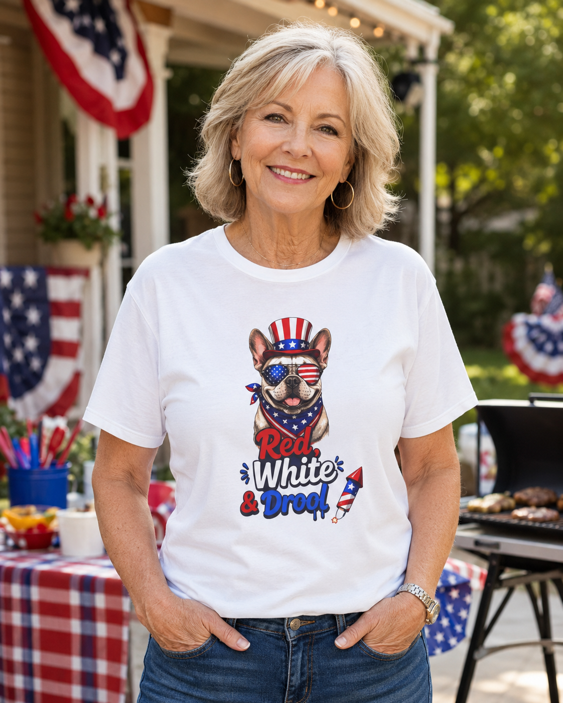 Red, White & Drool Bulldog T-Shirt | Patriotic Garment-Dyed Tee (French)
