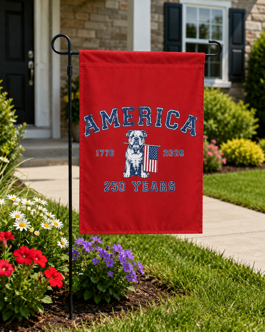 America 250 Years 4th of July Bulldog Garden Flag — Patriotic Dog Lover Outdoor Yard Flag (English)
