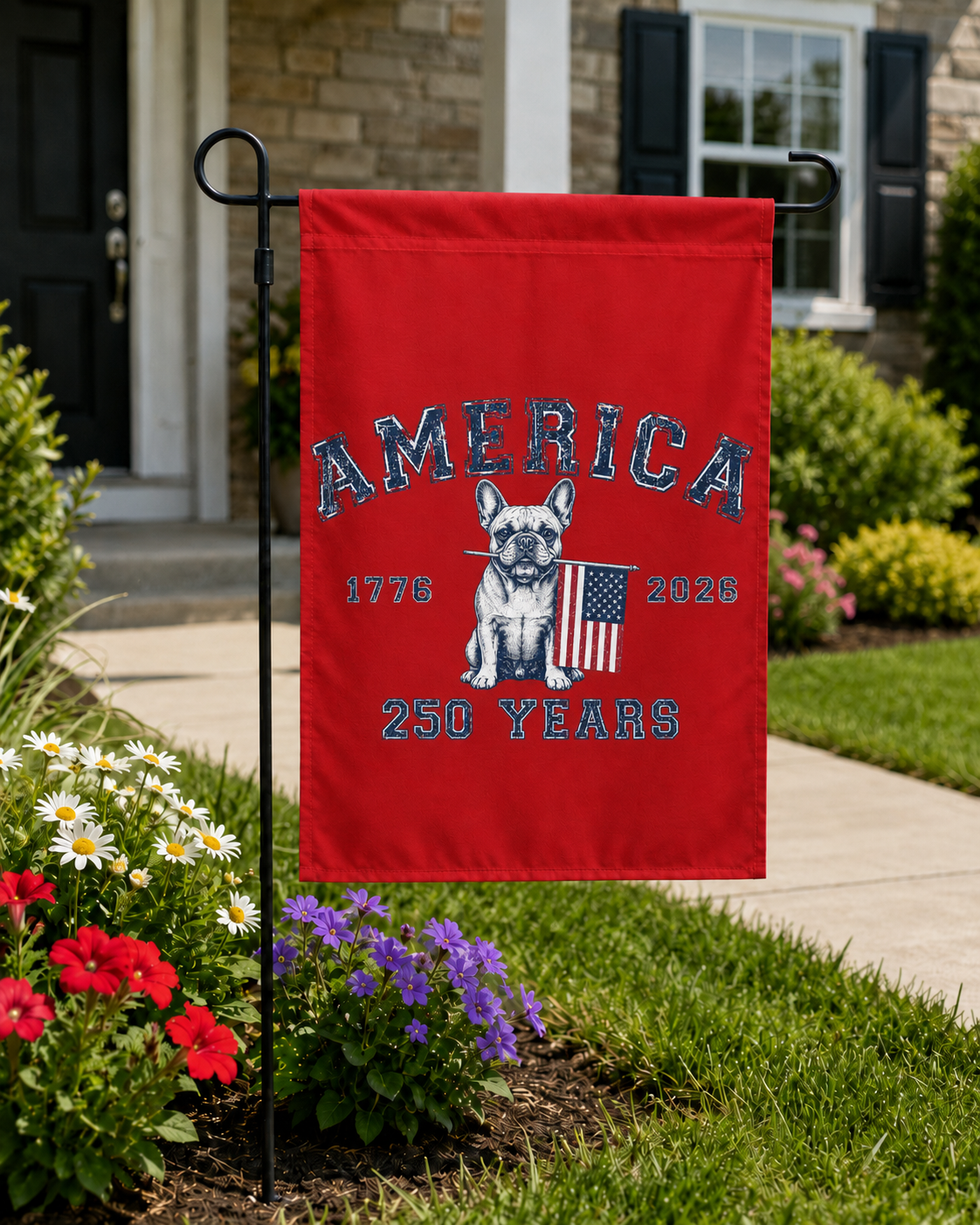 America 250 Years 4th of July Bulldog Garden Flag — Patriotic Dog Lover Outdoor Yard Flag (French)