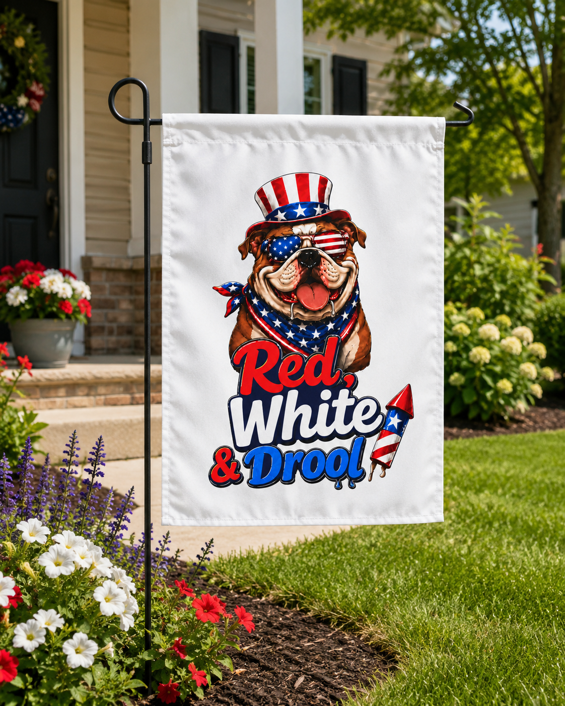 Red, White & Drool 4th of July Bulldog Garden Flag — Patriotic Dog Lover Outdoor Yard Flag (English)