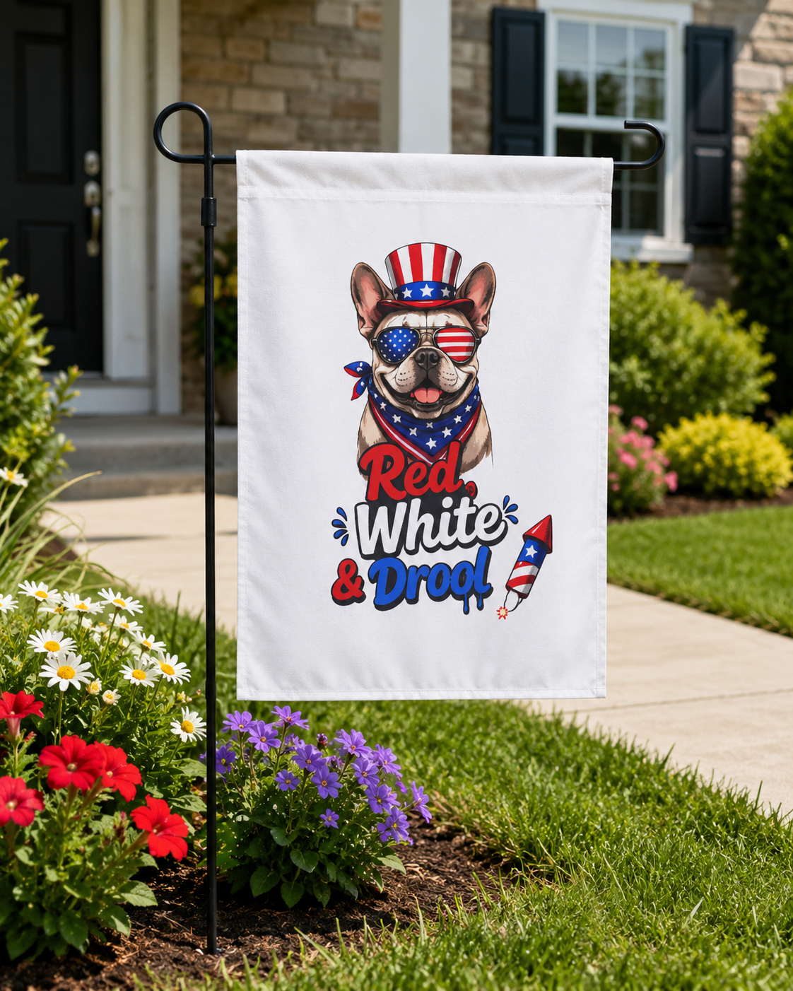 Red, White & Drool 4th of July Bulldog Garden Flag — Patriotic Dog Lover Outdoor Yard Flag (French)
