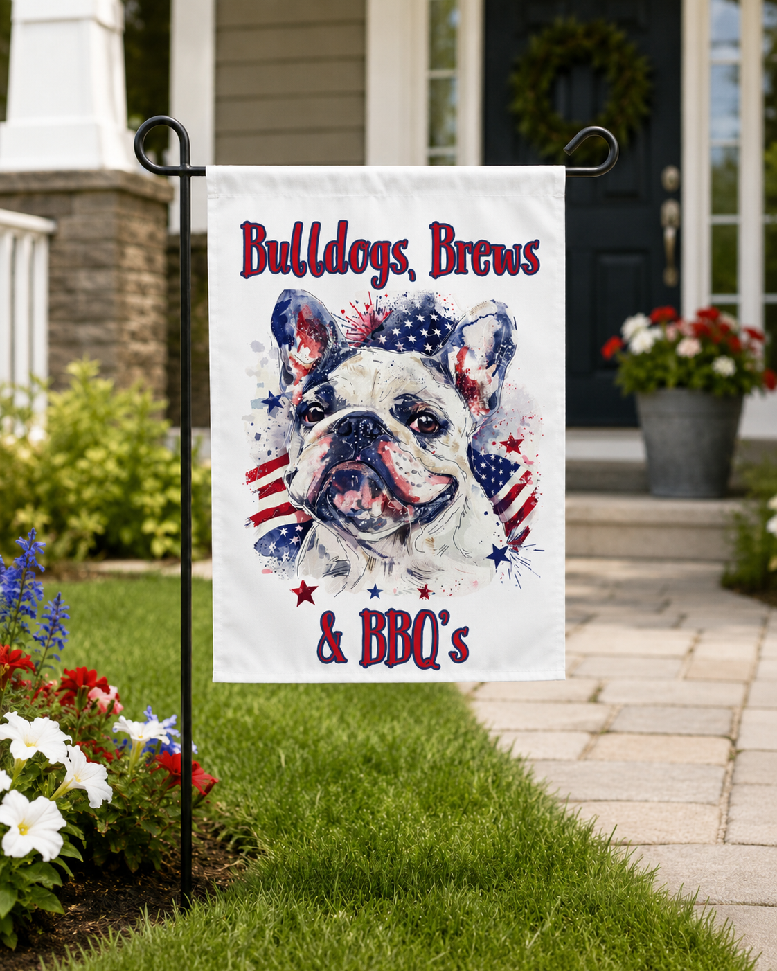 Bulldogs, Brews & BBQ's 4th of July Bulldog Garden Flag — Patriotic Dog Lover Outdoor Yard Flag (French)