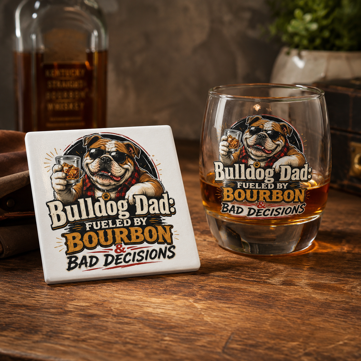 Bulldog Dad Ceramic Coaster (English)