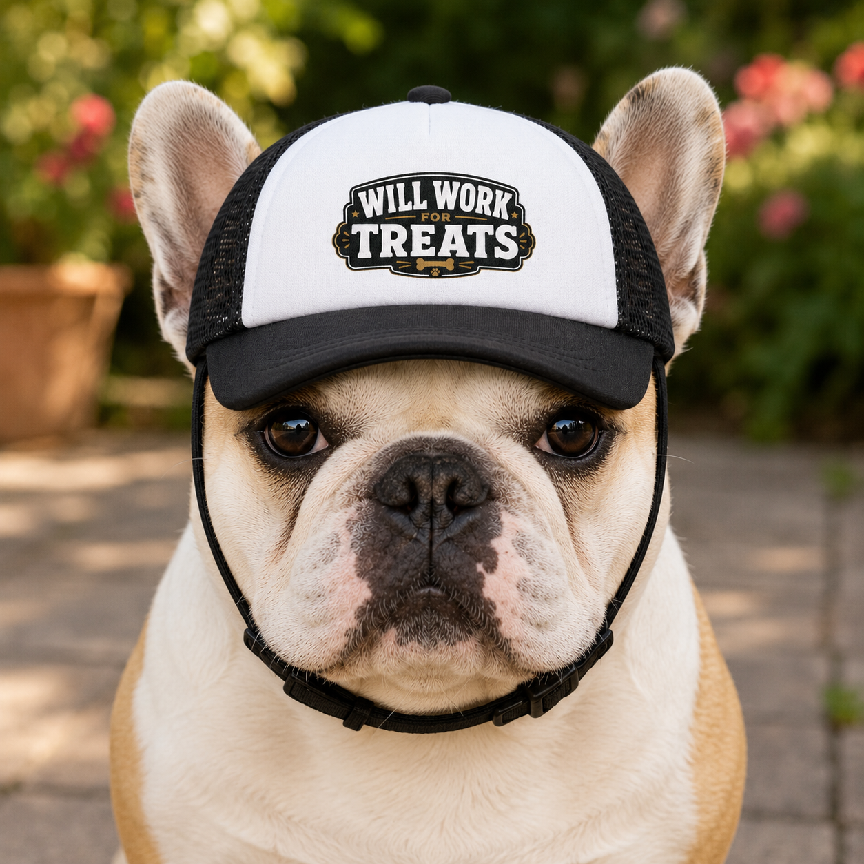 "Will Work For Treats" Bulldog Trucker Hat (English/French)
