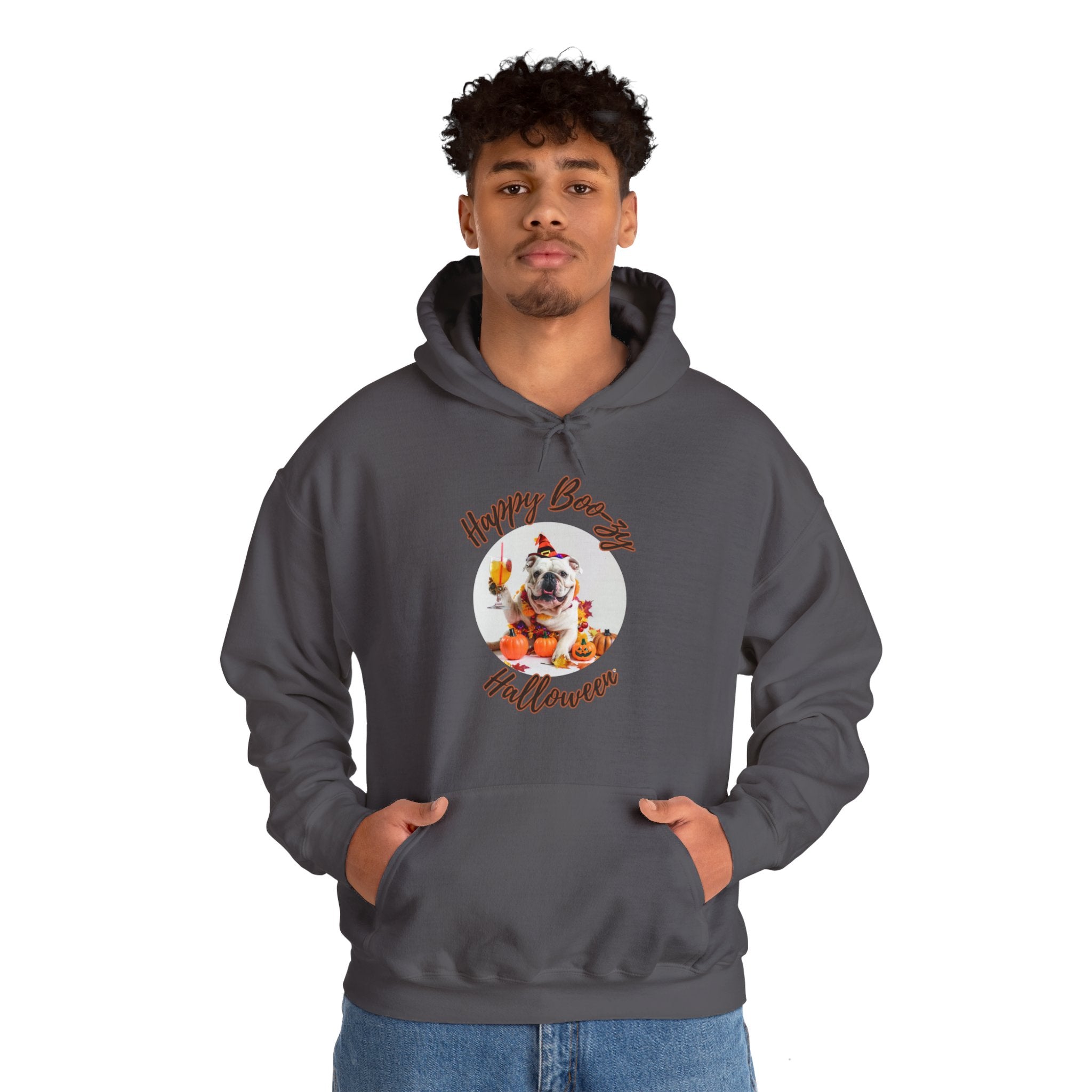 "Happy Boo-zy Halloween" Halloween Bulldog Hoodie (White/English)