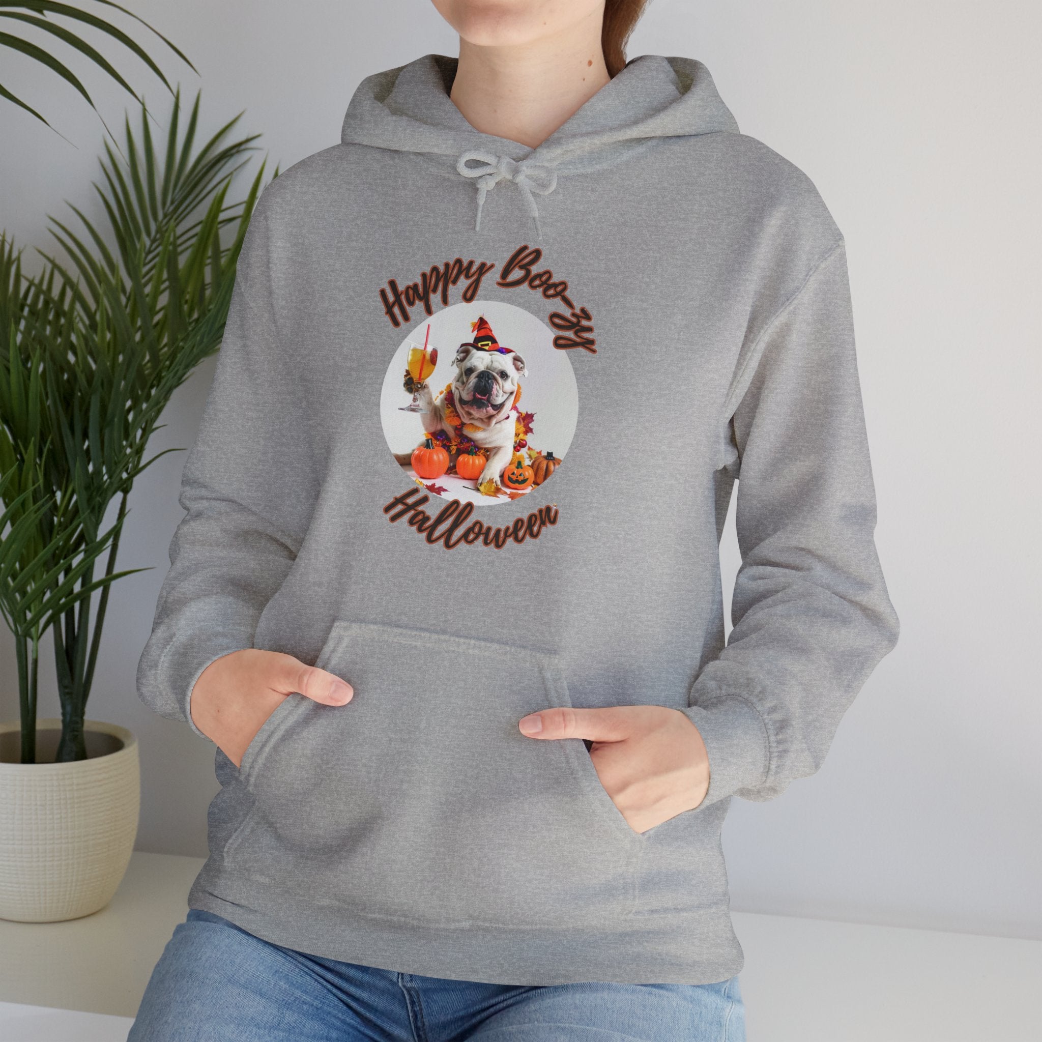 "Happy Boo-zy Halloween" Halloween Bulldog Hoodie (White/English)