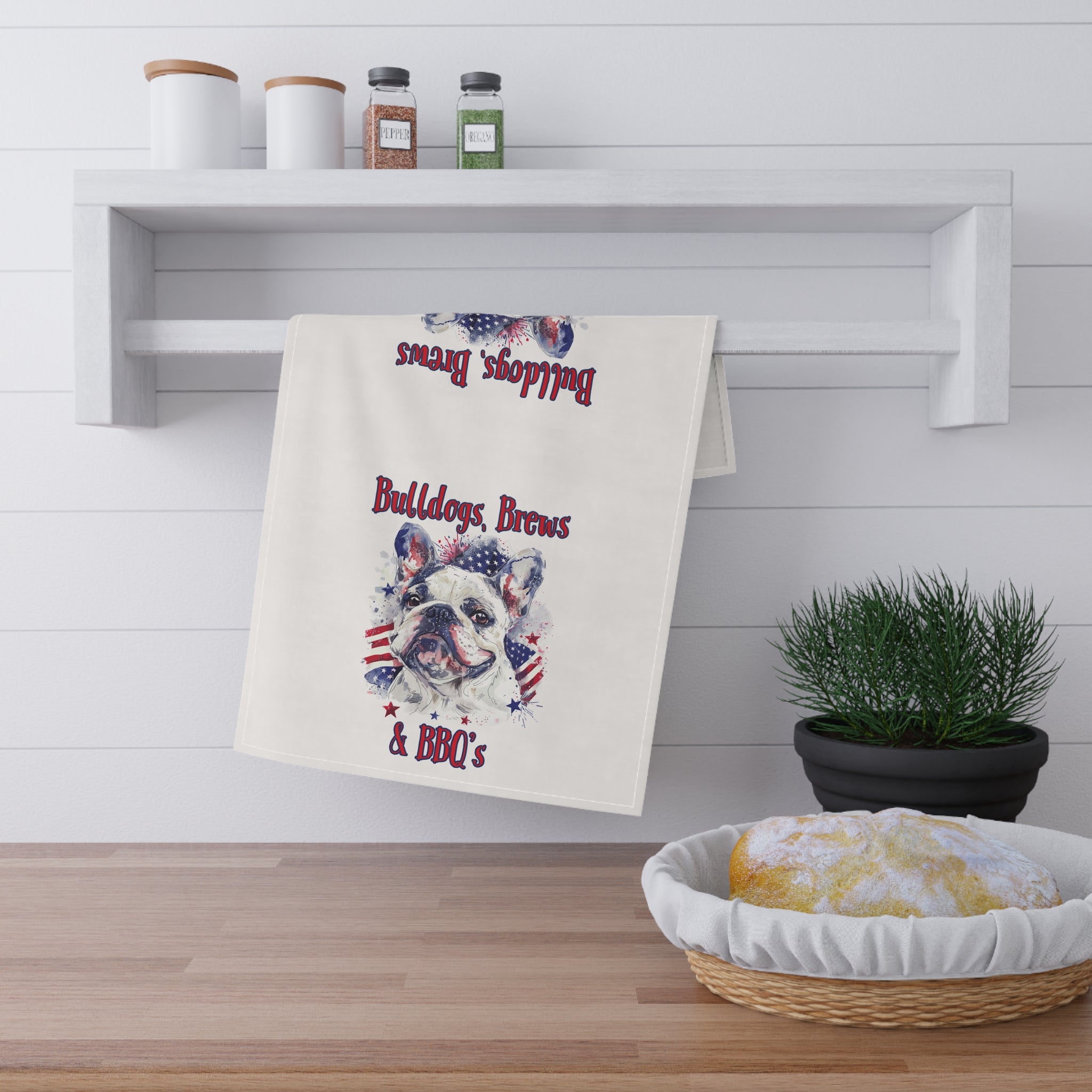 Bulldogs, Brews & BBQs 4th of July Kitchen Towel | Patriotic Bulldog Tea Towel (French)