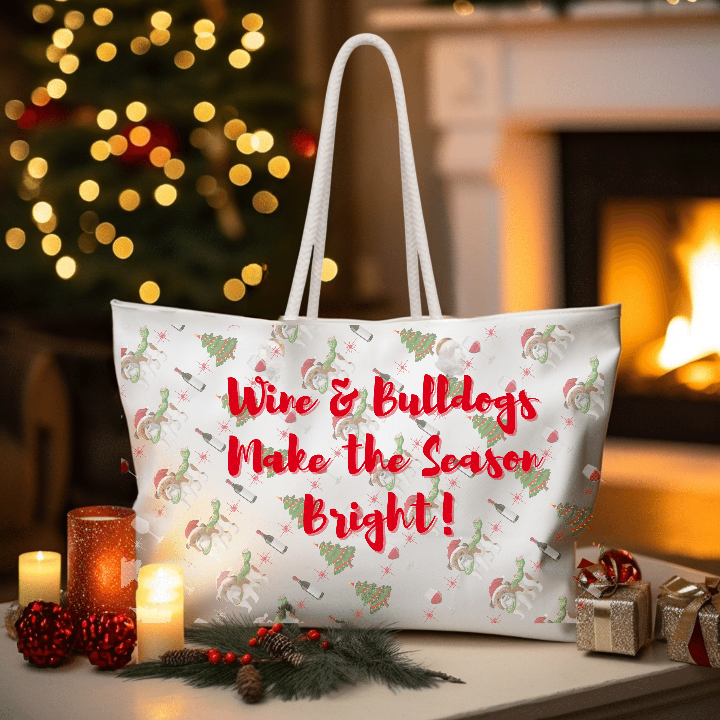 Tipsy Bully's "Wine & Bulldogs Make the Season Bright" Christmas Weekender Bag