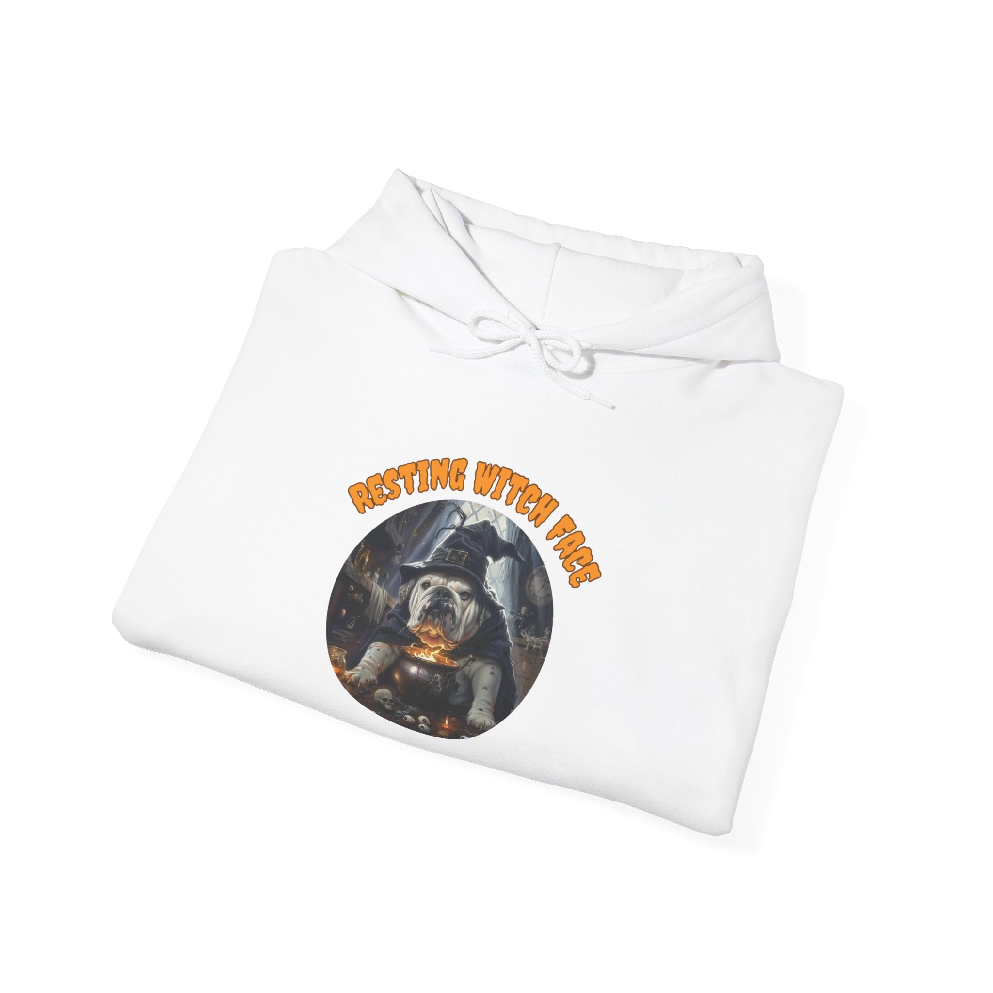 "Resting Witch Face" Halloween Bulldog Hoodie (White/English)