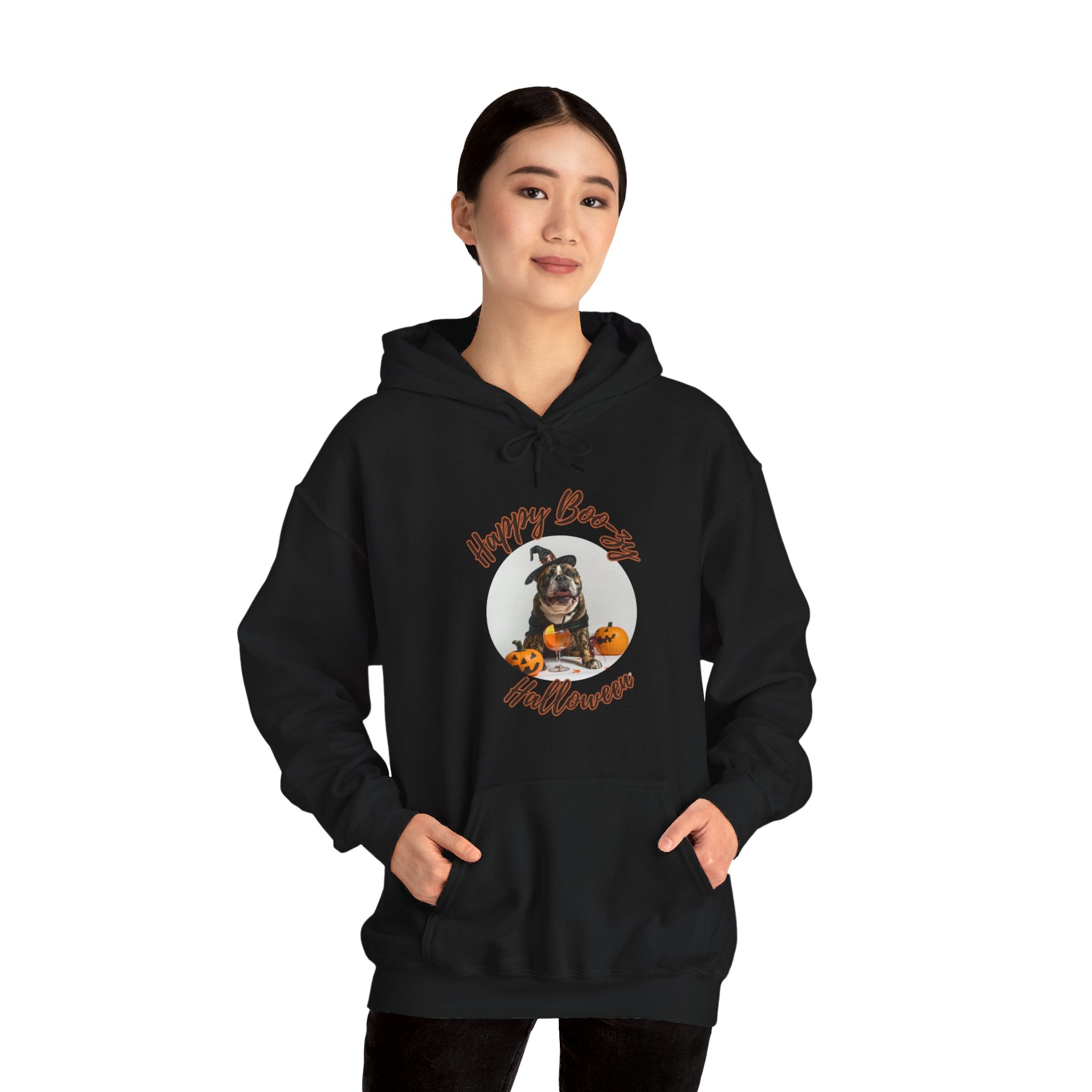 "Happy Boo-zy Halloween" Halloween Bulldog Hoodie (Black/French)