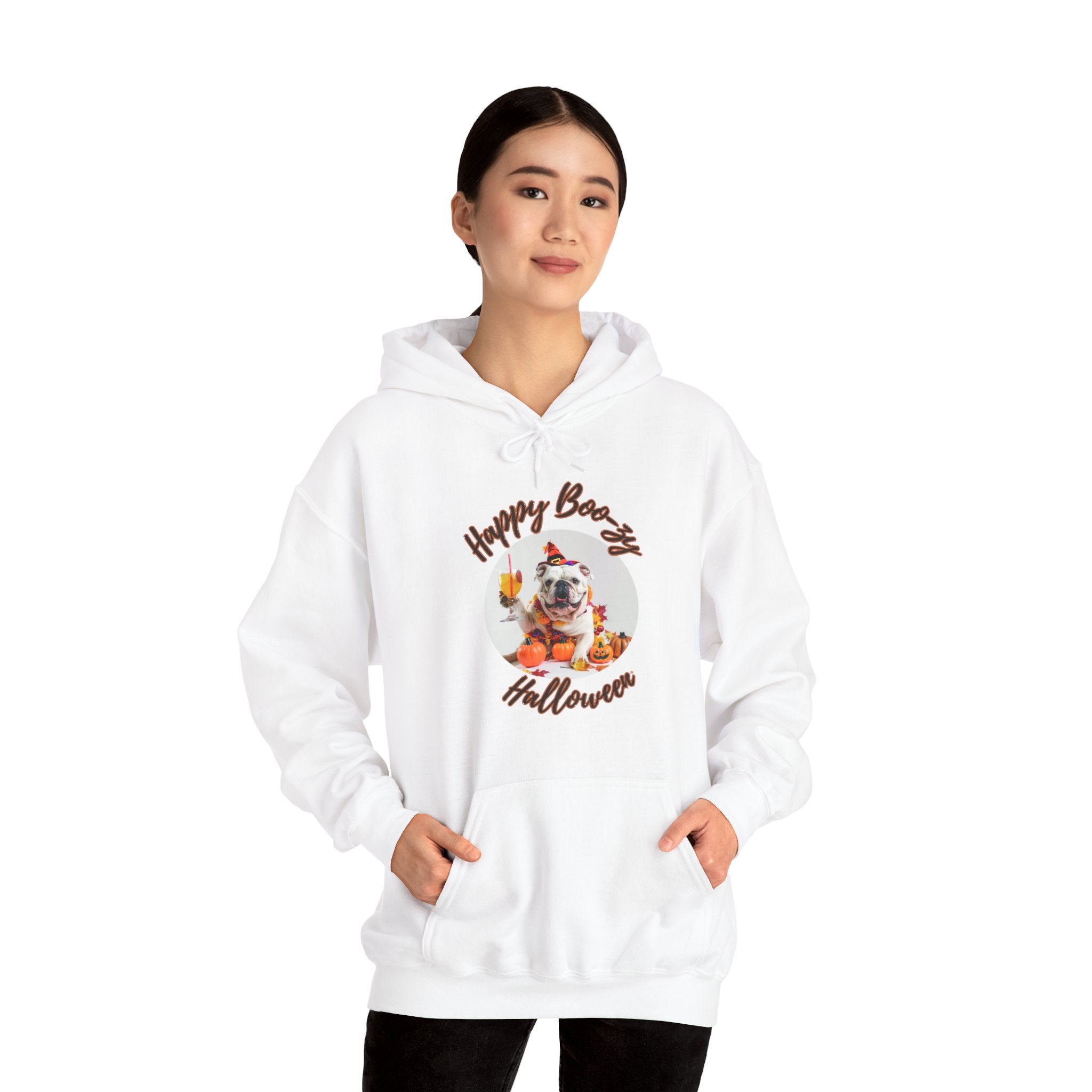 "Happy Boo-zy Halloween" Halloween Bulldog Hoodie (White/English)