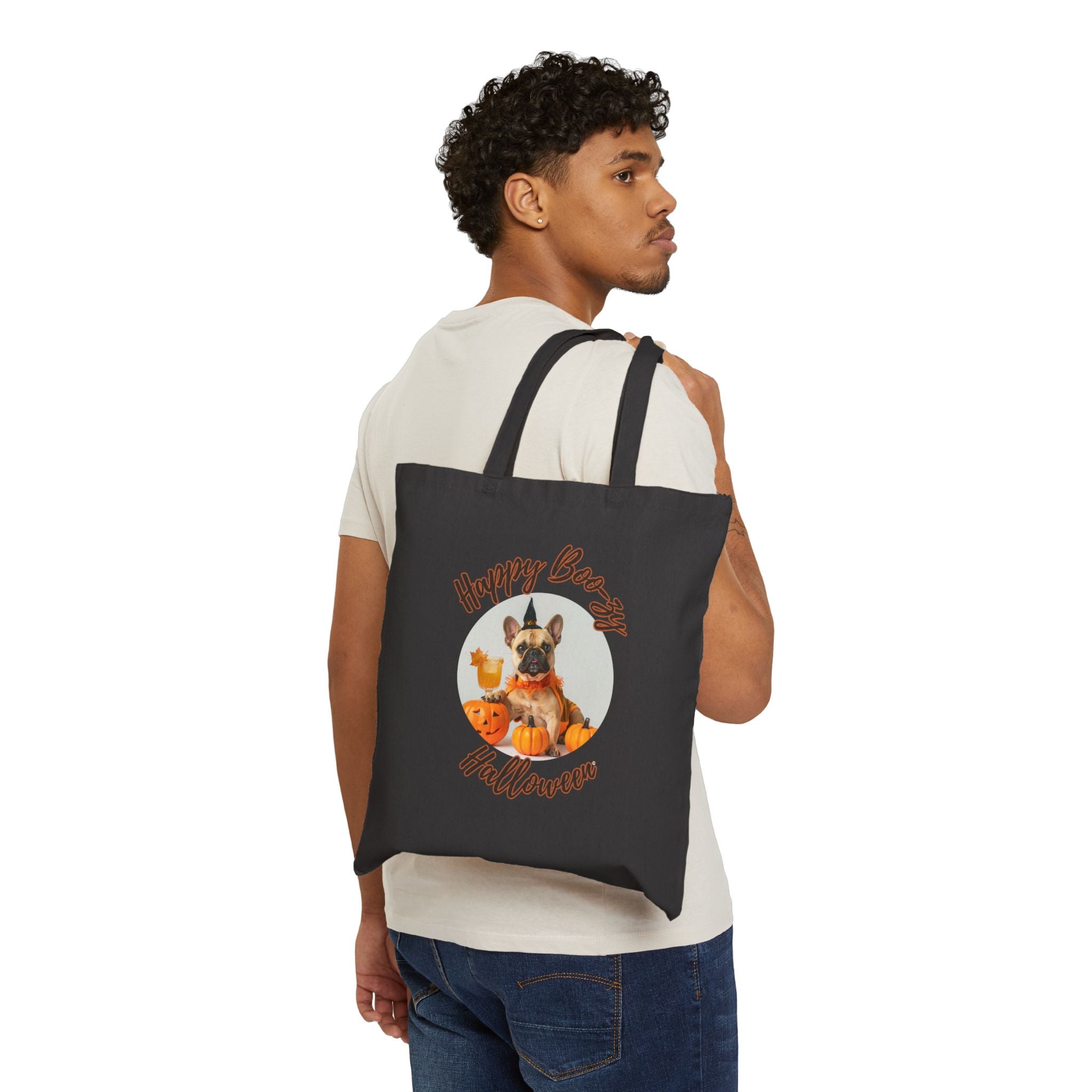 "Happy Boo-zy Halloween" Trick or Treat Canvas Tote Bag (Tan/French)