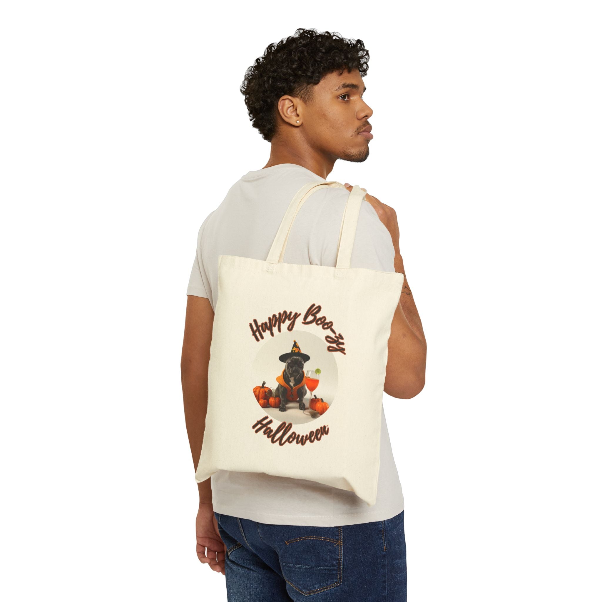 "Happy Boo-zy Halloween" Trick or Treat Canvas Tote Bag (Black/French)