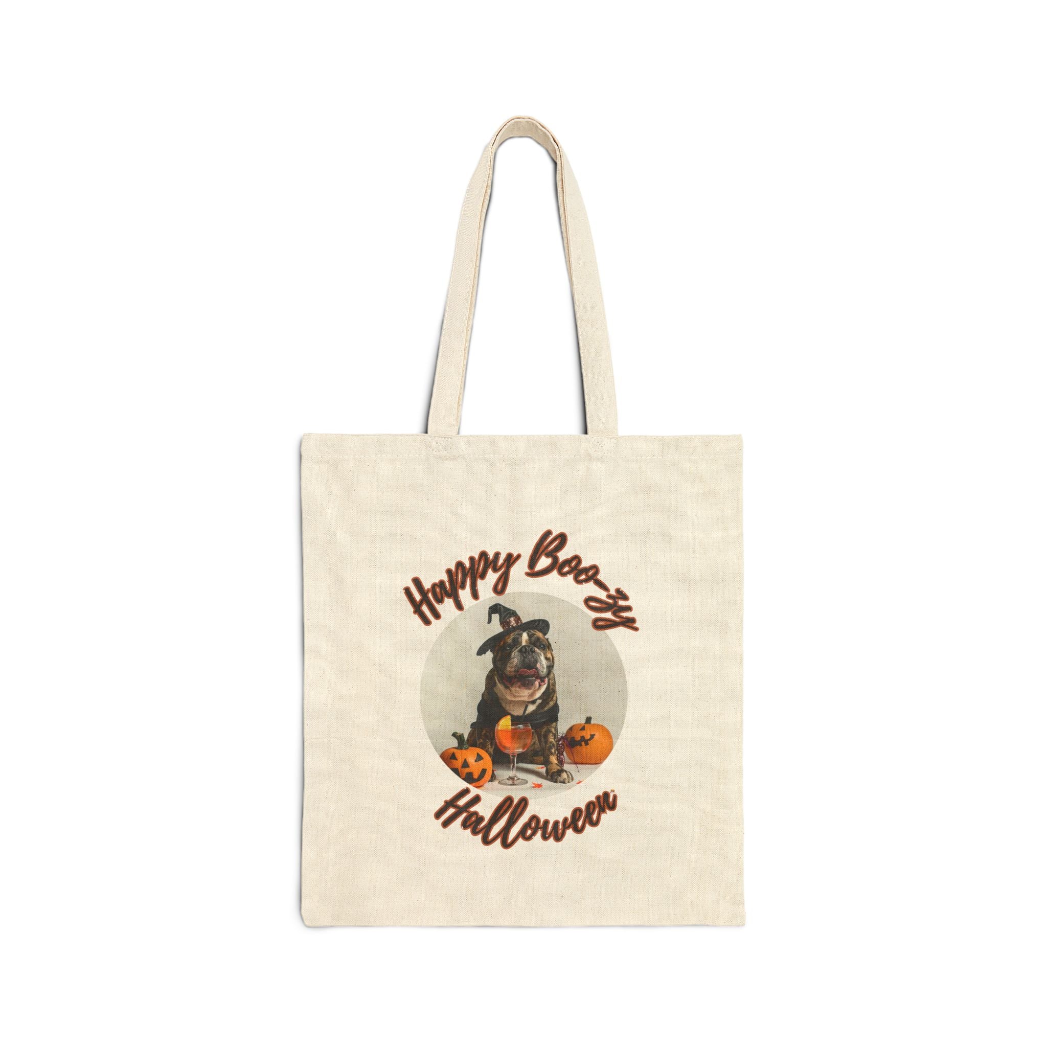 "Happy Boo-zy Halloween" Trick or Treat Canvas Tote Bag (Black/English)