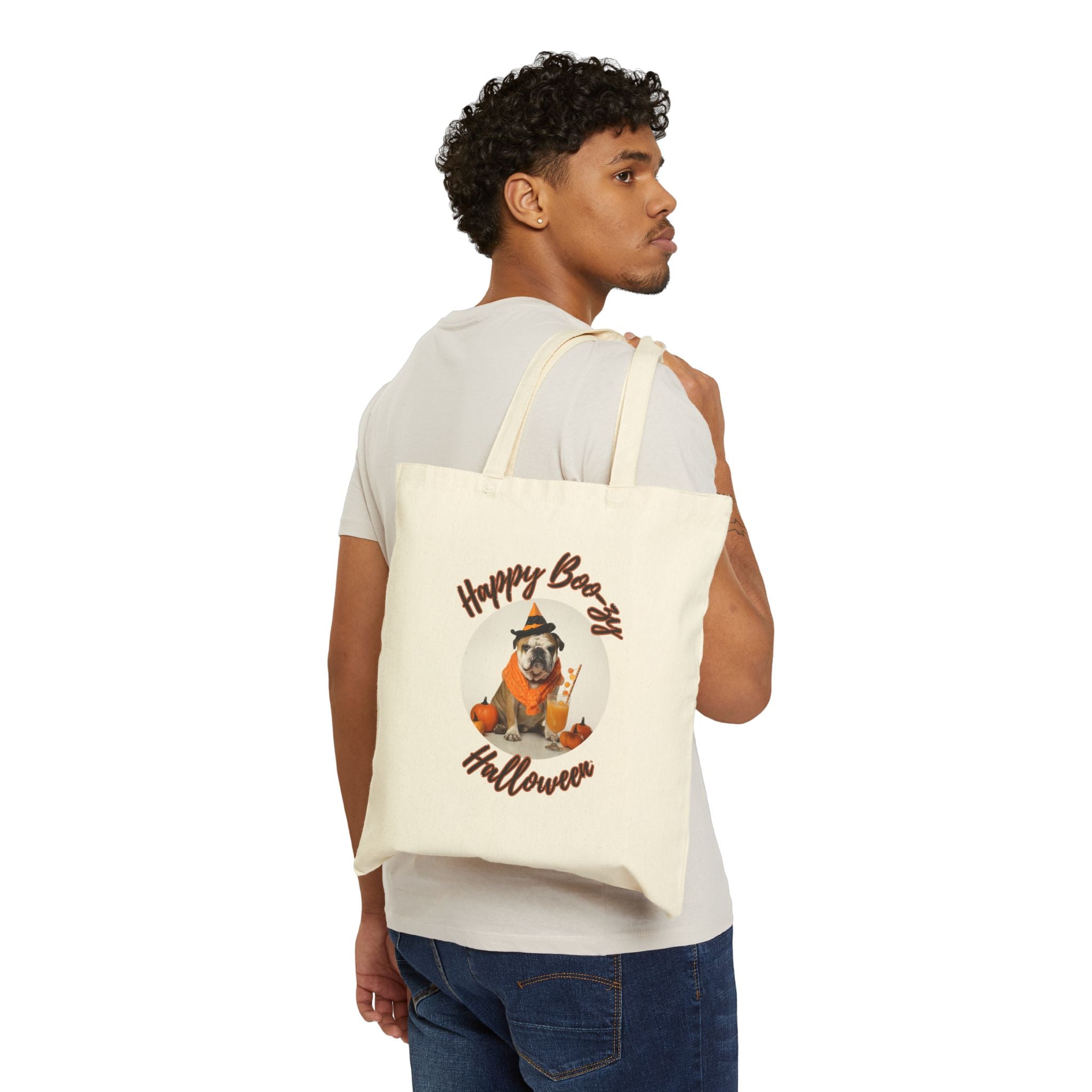 "Happy Boo-zy Haloween" Trick or Treat Canvas Tote Bag (Tan/English)