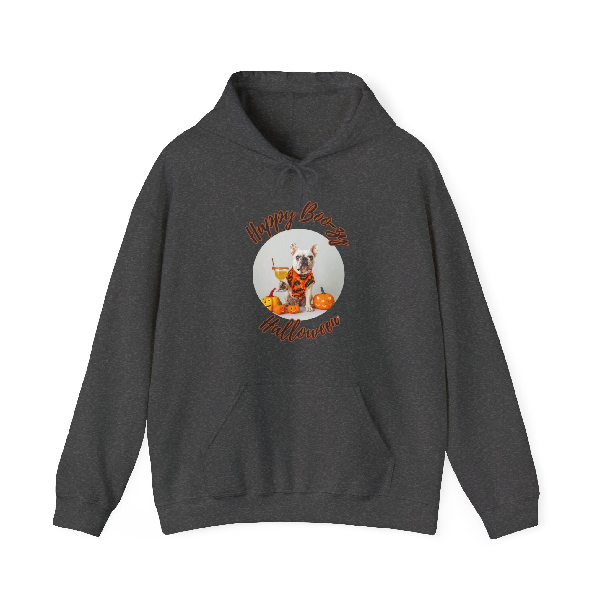 "Happy Boo-zy Halloween" Halloween Bulldog Hoodie (White/French)