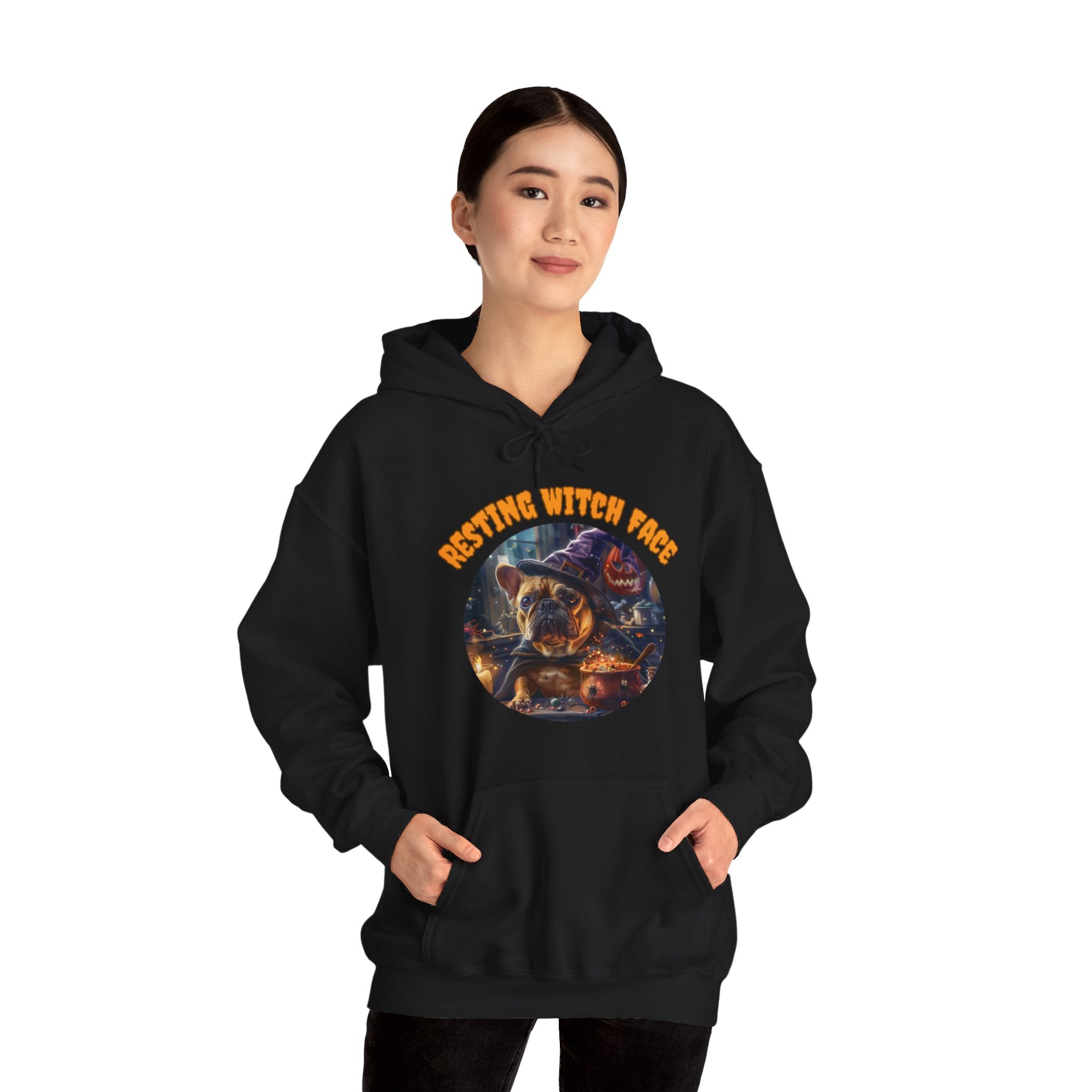 "Resting Witch Face" Halloween Bulldog Hoodie (Tan/French)