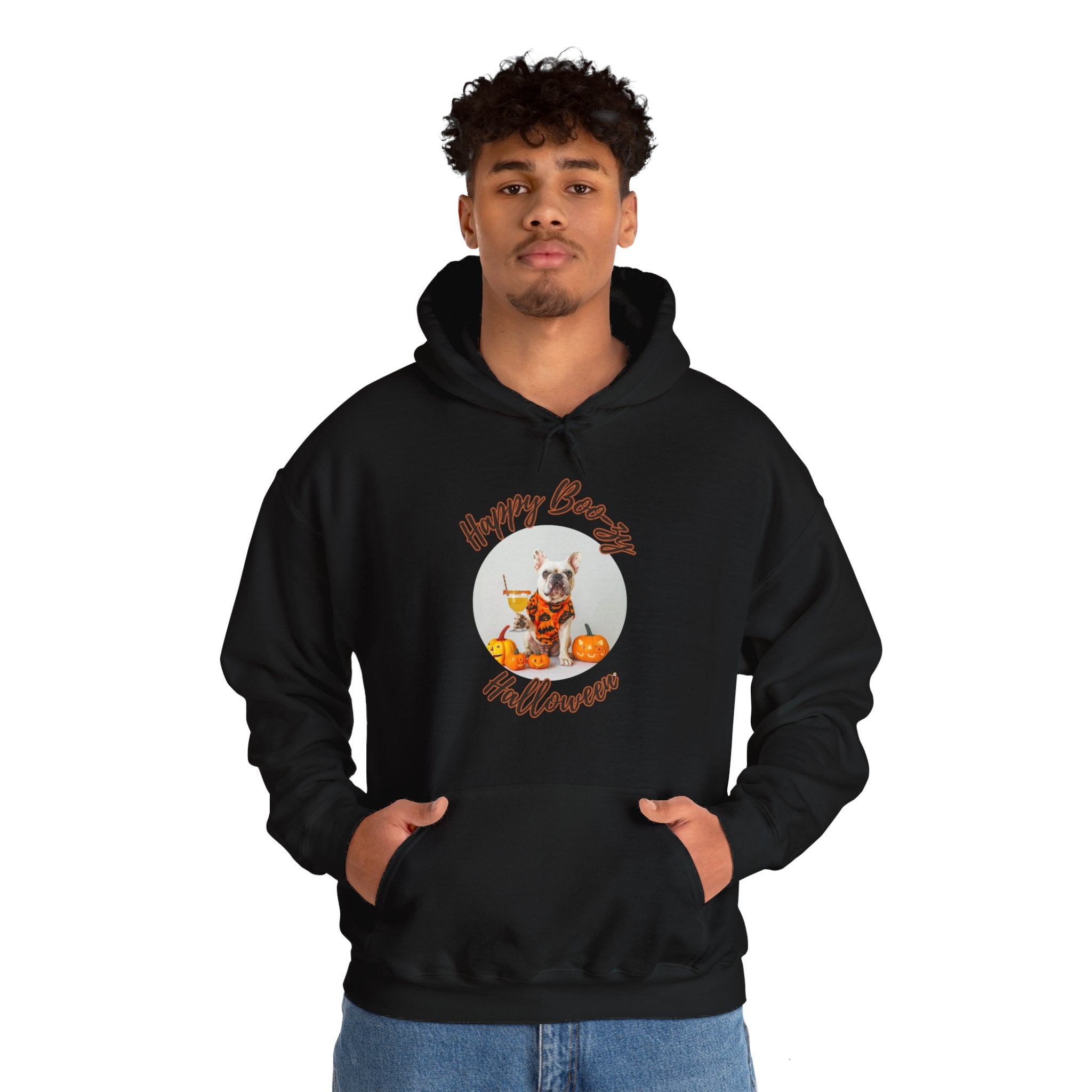 "Happy Boo-zy Halloween" Halloween Bulldog Hoodie (White/French)