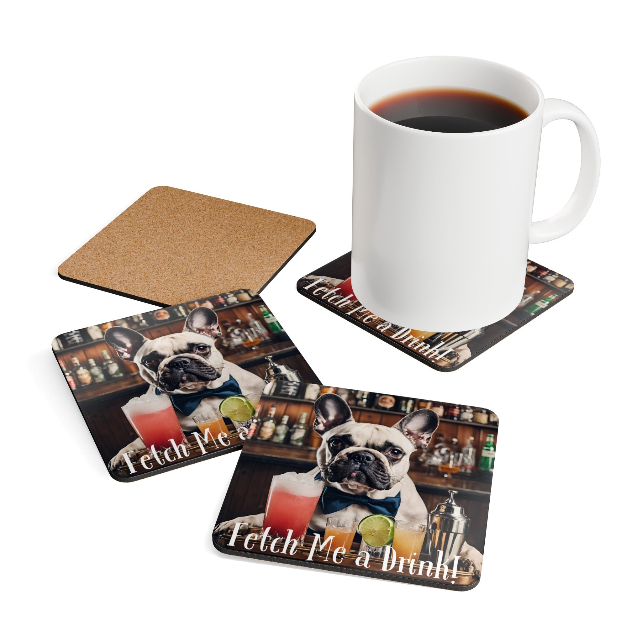 "Fetch Me A Drink" set of 4 coasters (White/French)