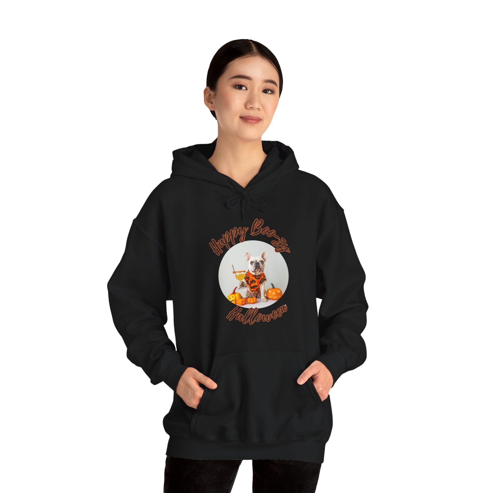 "Happy Boo-zy Halloween" Halloween Bulldog Hoodie (White/French)