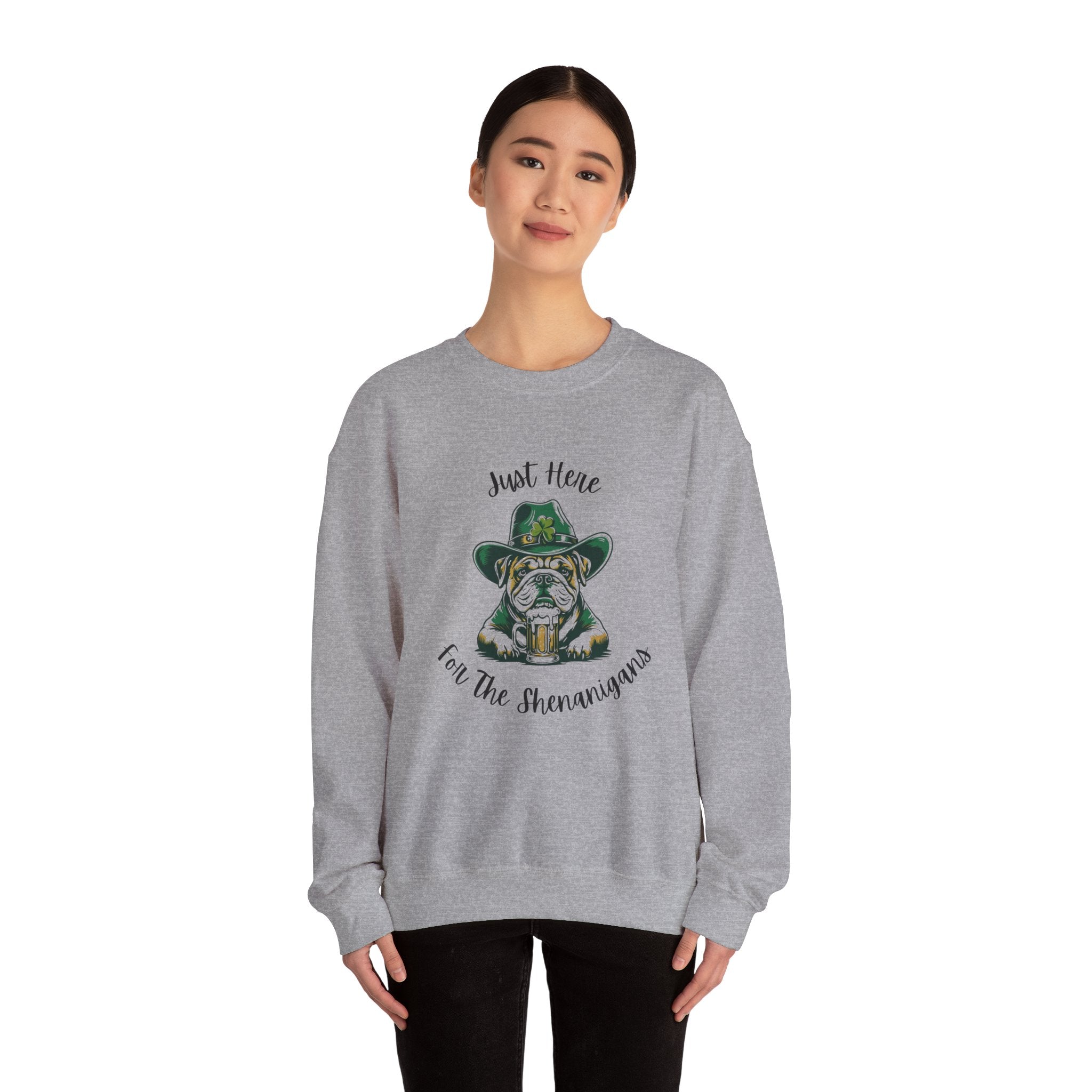 Tipsy Bully St. Patrick's Day Sweatshirt: "Just Here for the Shenanigans" (English)