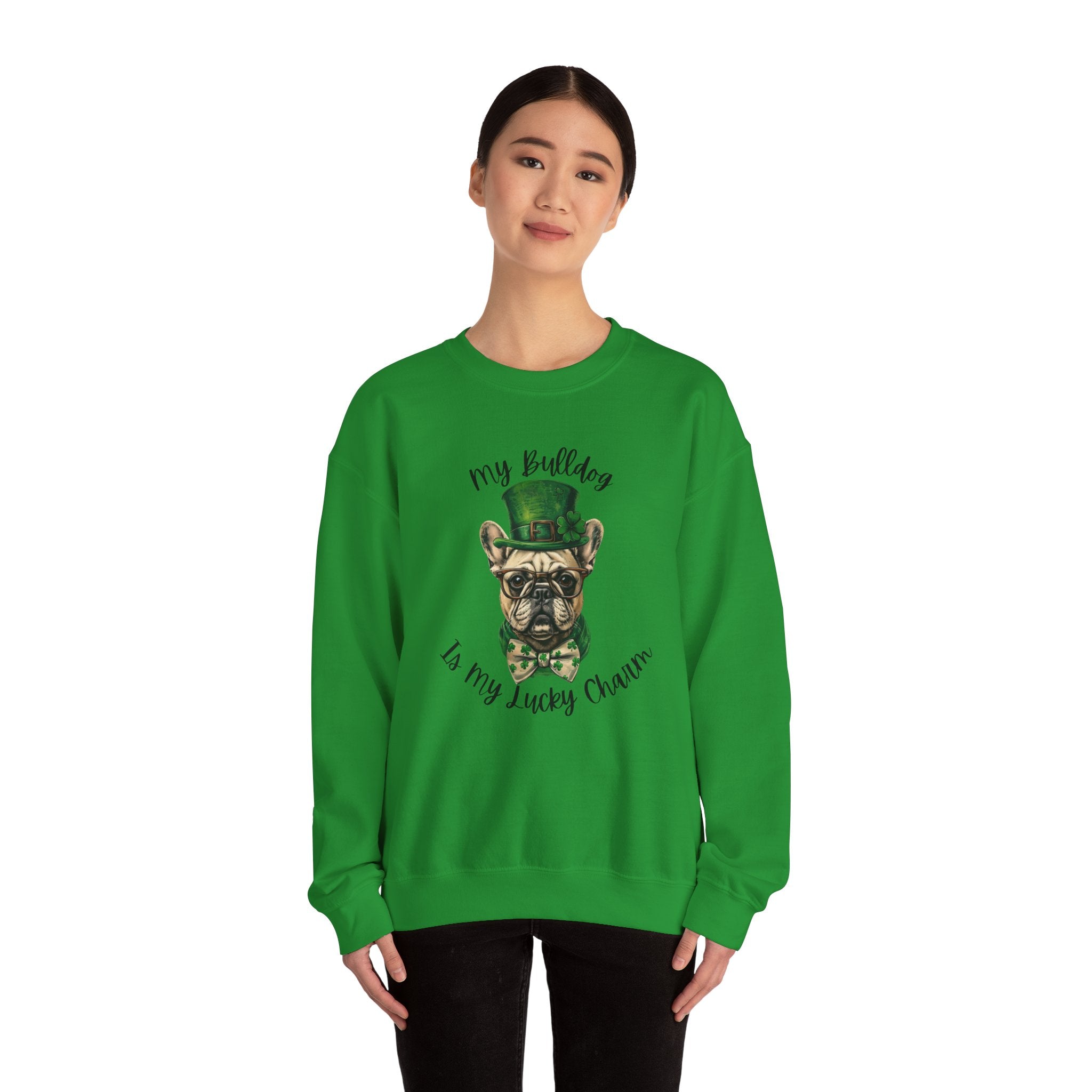 Tipsy Bully St. Patrick's Day Sweatshirt: "My Bulldog is My Lucky Charm (French)