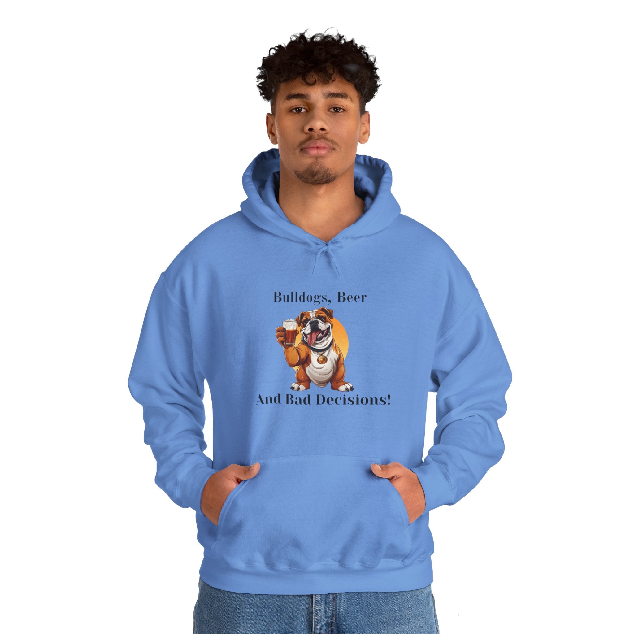 Bulldogs, Beer, and Bad Decisions" Hoodie - Your Go-To Gear for Mischievous Times! (English/Brown)