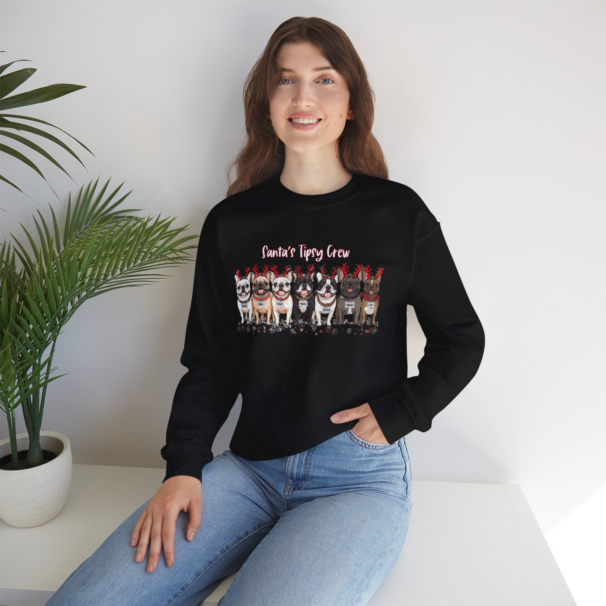 “Santa’s Tipsy Crew” Christmas Crewneck Sweatshirt - Unisex detail shot - French Bulldog mom sweatshirt | Tipsy Bully