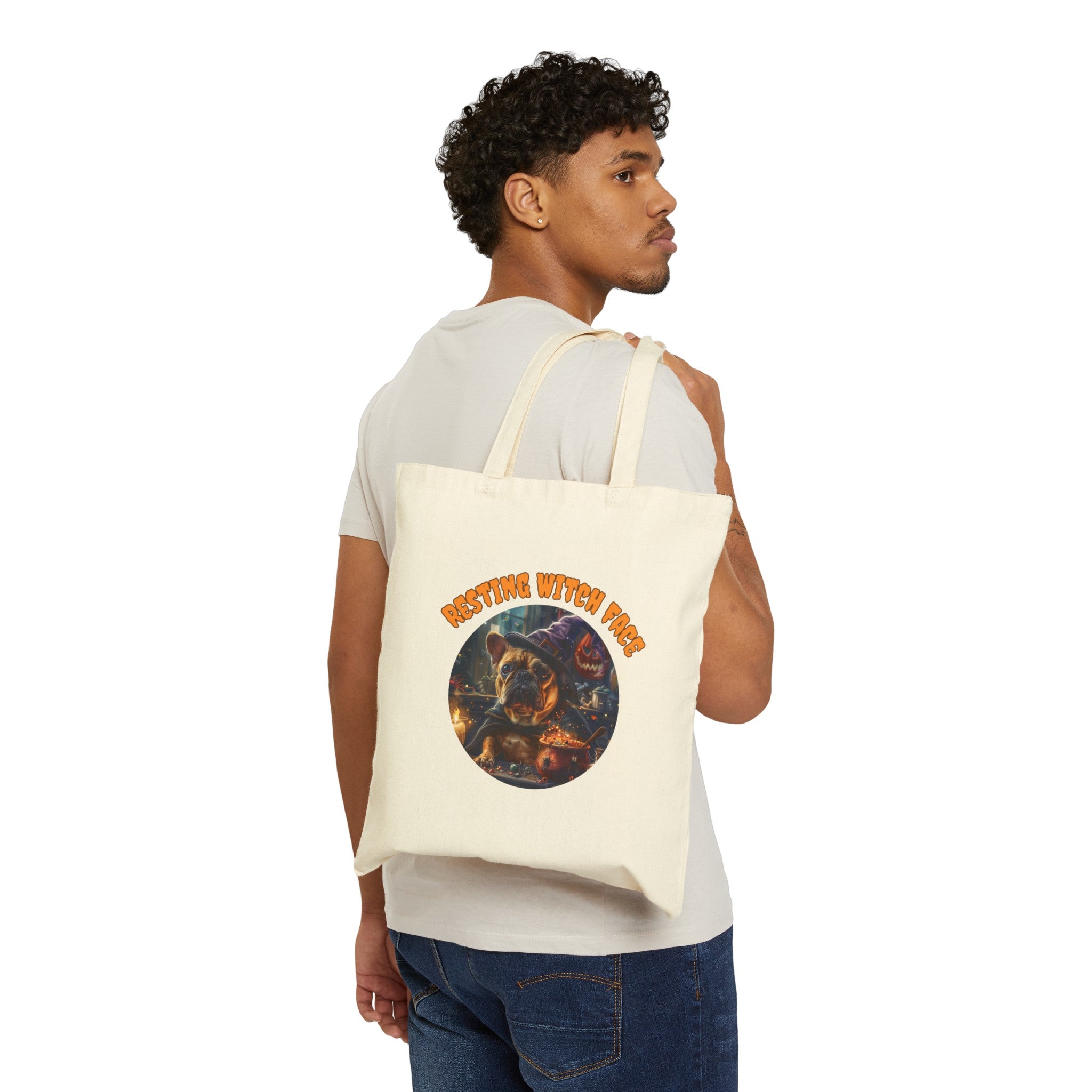 "Resting Witch Face" Trick or Treat Canvas Tote Bag (Tan/French)